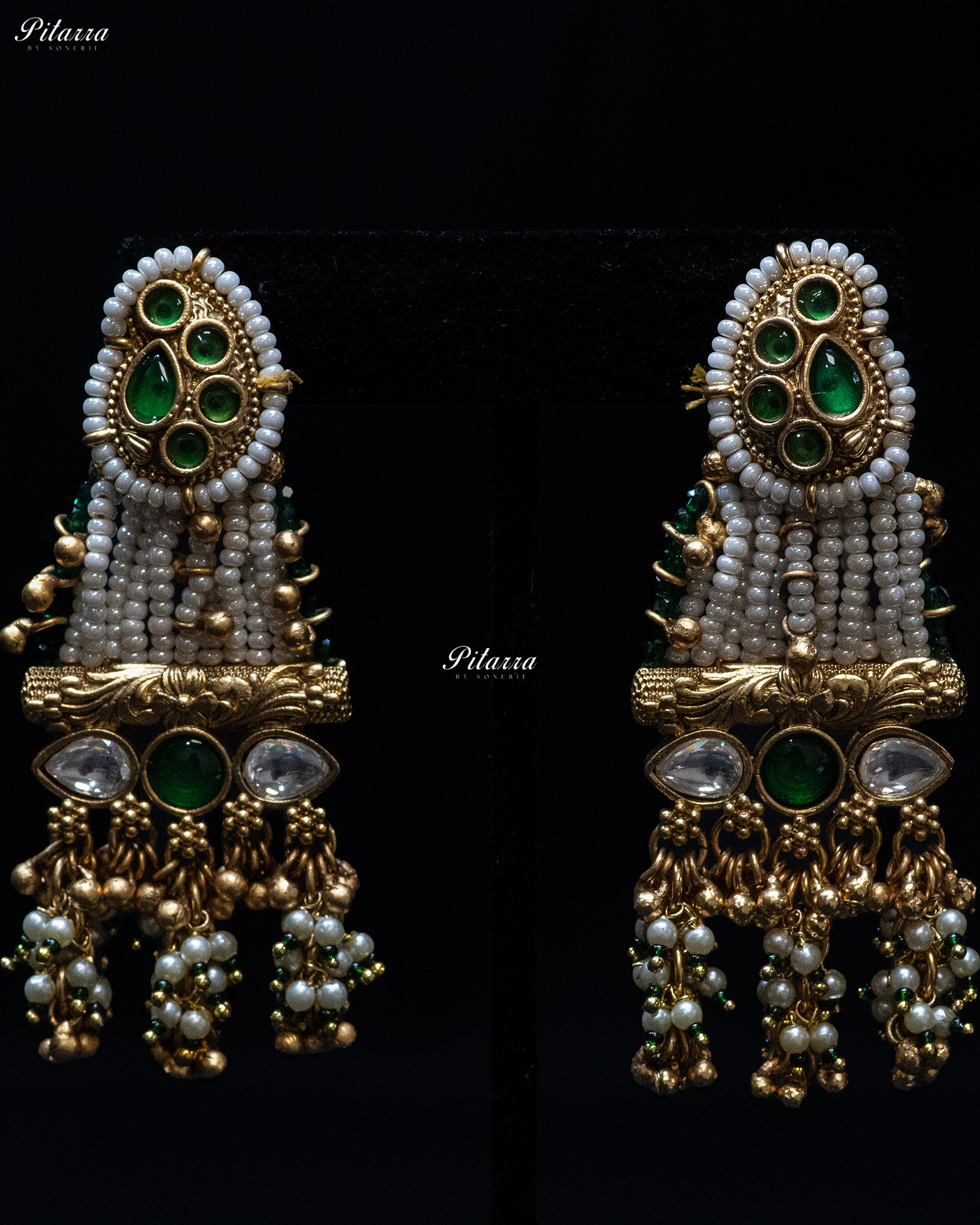 Golden Green Stone Multi Strand Long Kundan Necklace Set
