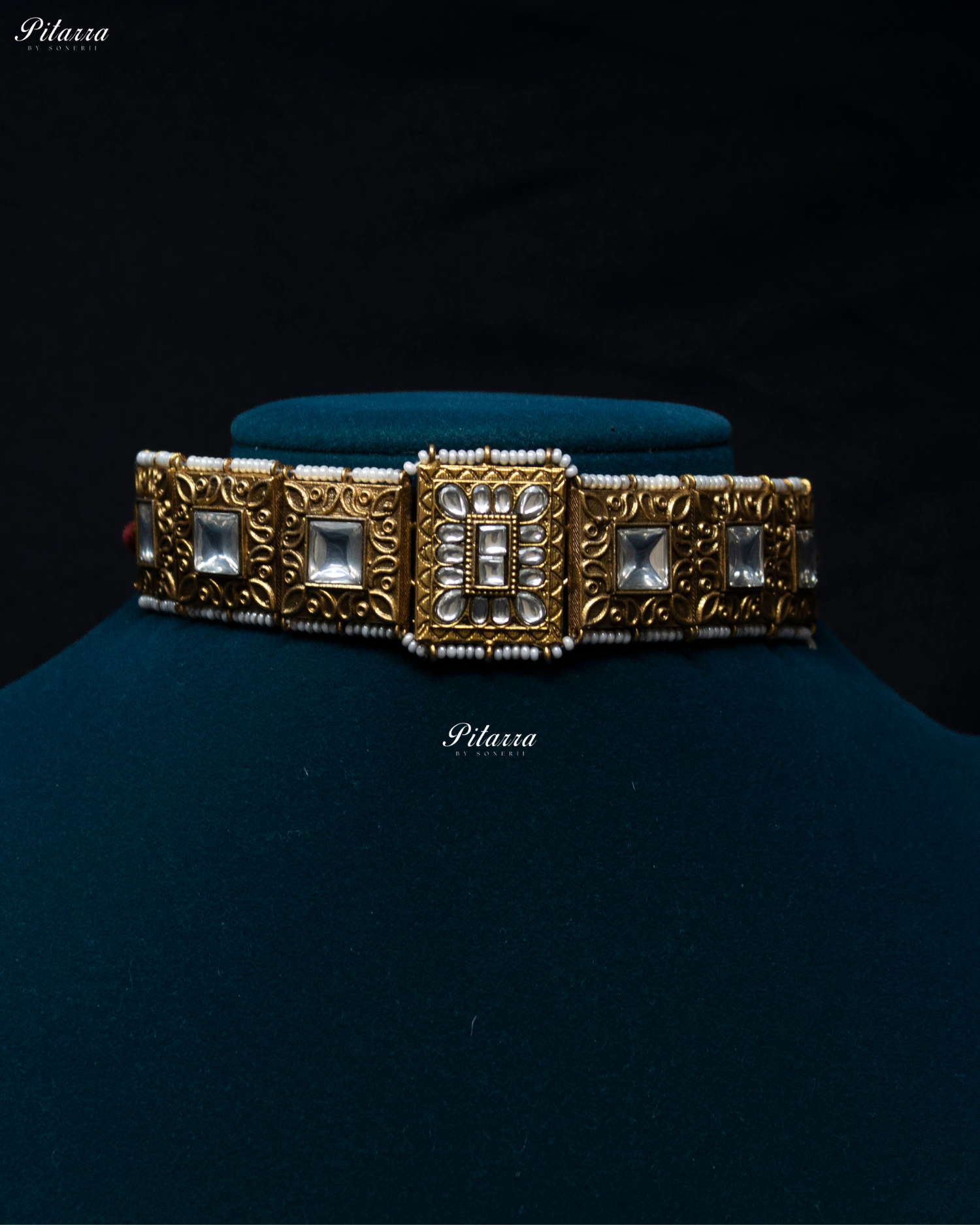 Square Clear Crystal Stone Golden Tone Kundan Choker Set