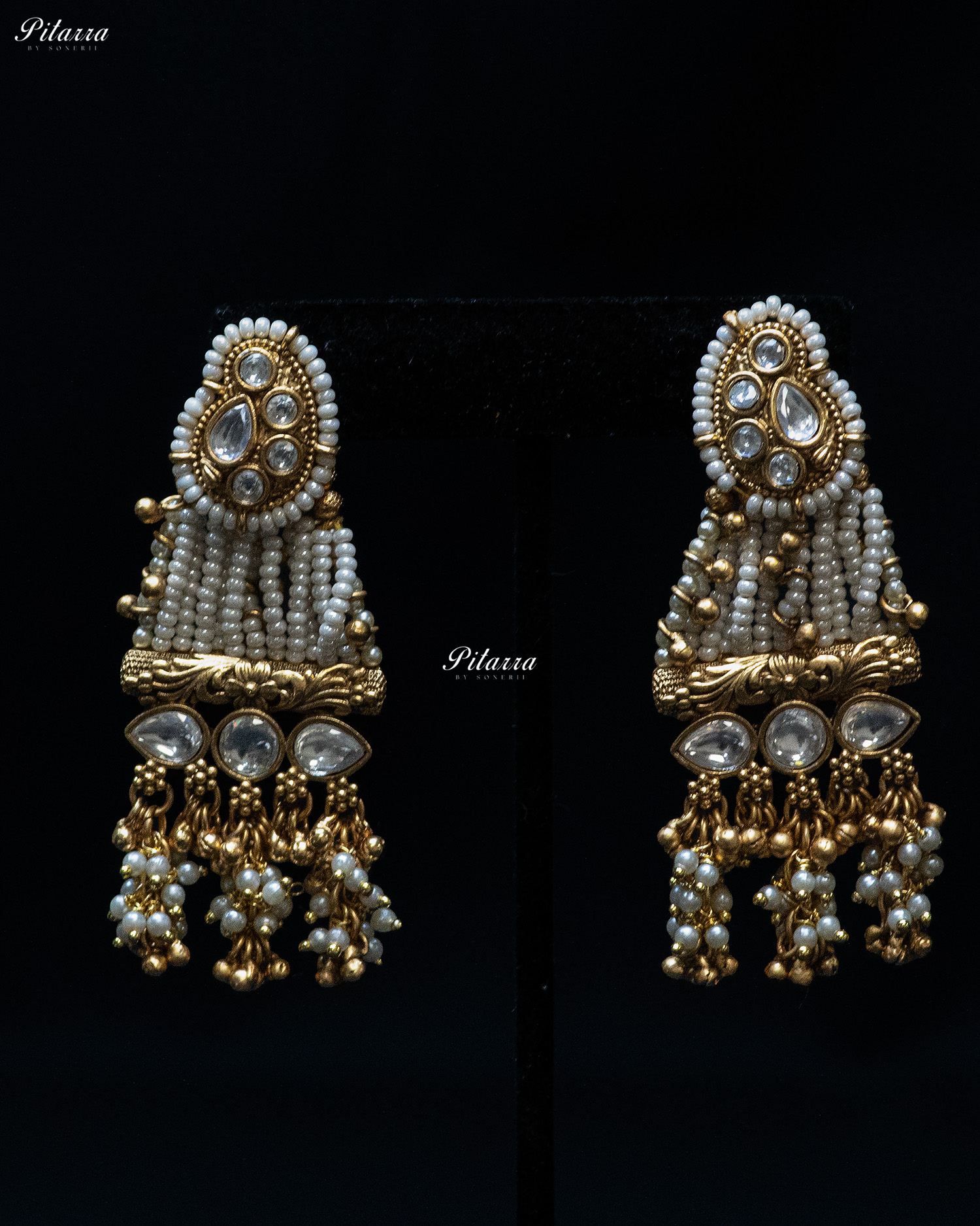 Golden White Stone Multi Strand Long Kundan Necklace Set