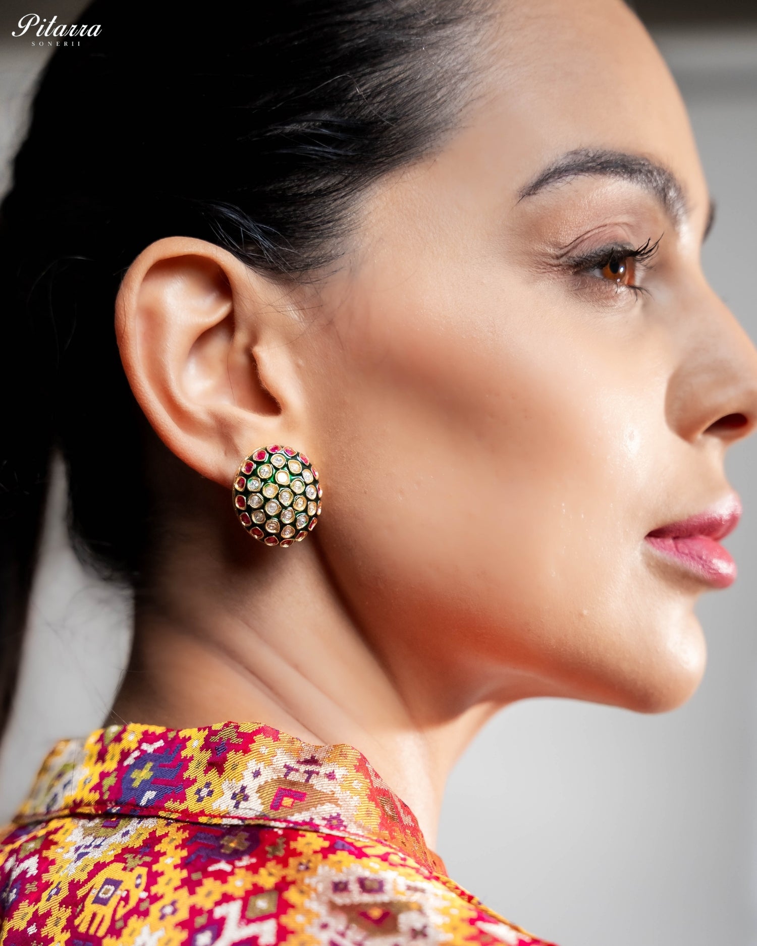 Ruby Diamond Green Enamel Dome Stud Earrings