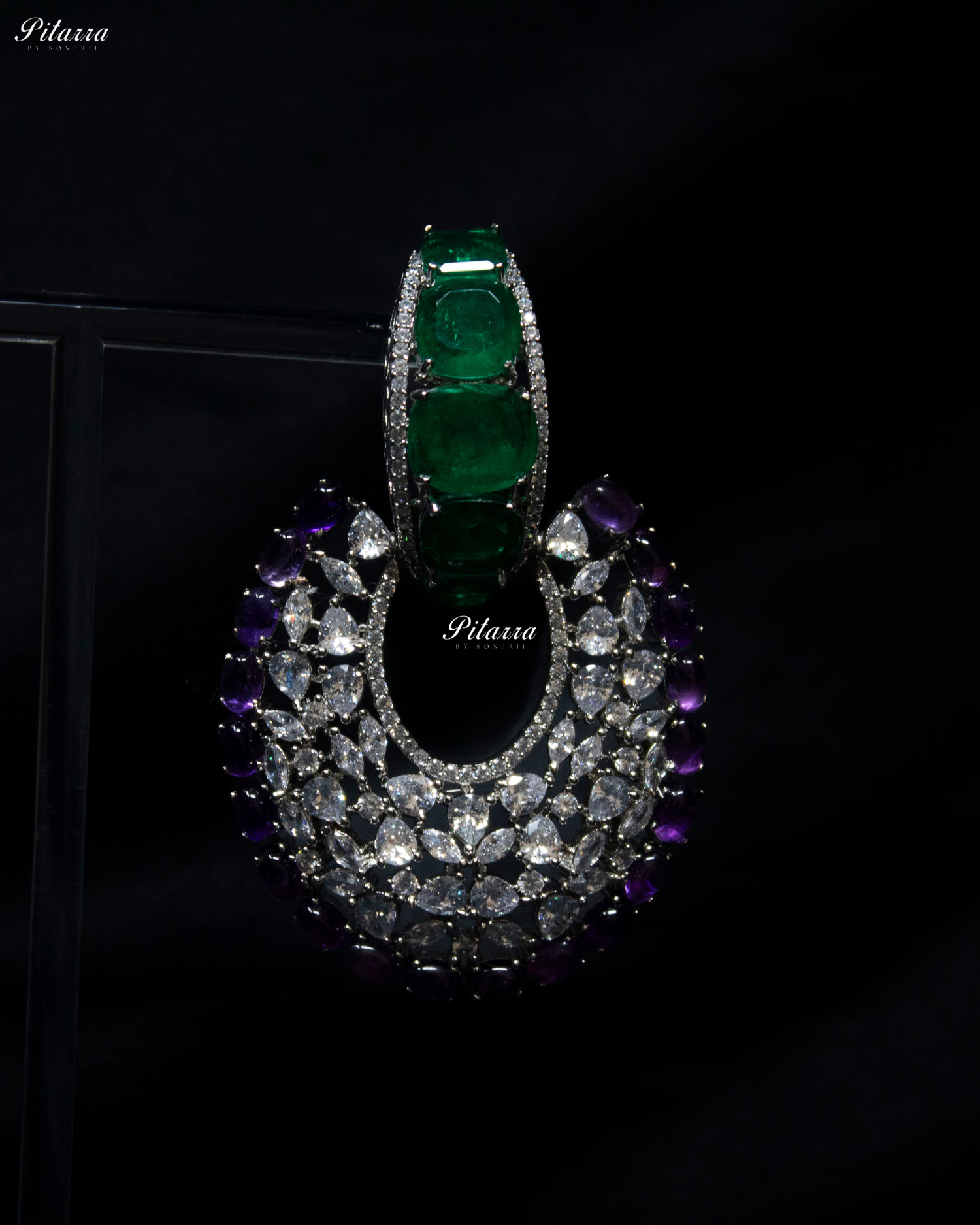 Emerald Stone Purple Layer Cubic Zirconia Dangler Earrings