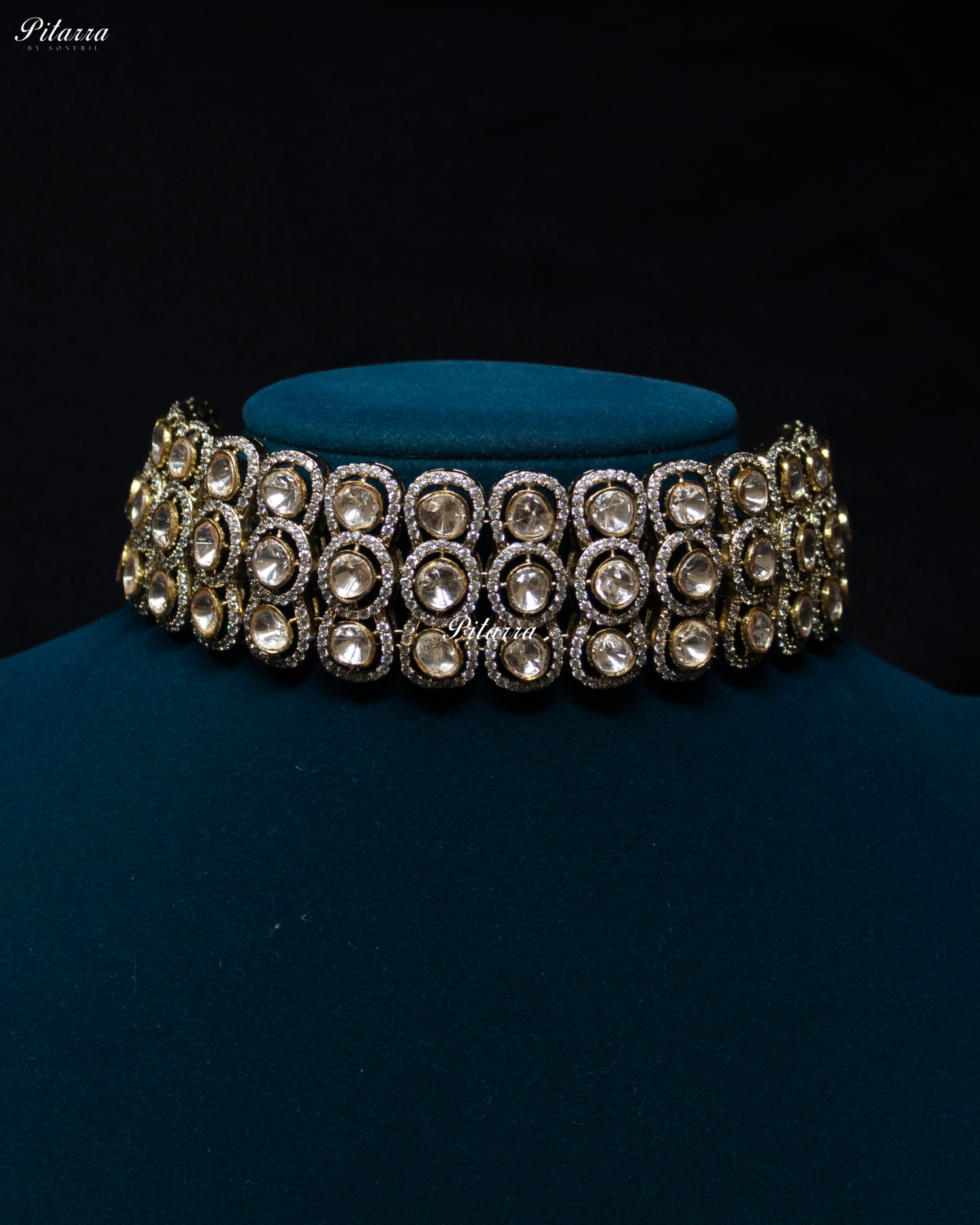Three Layer White Stone Gold Finish Kundan Choker Set