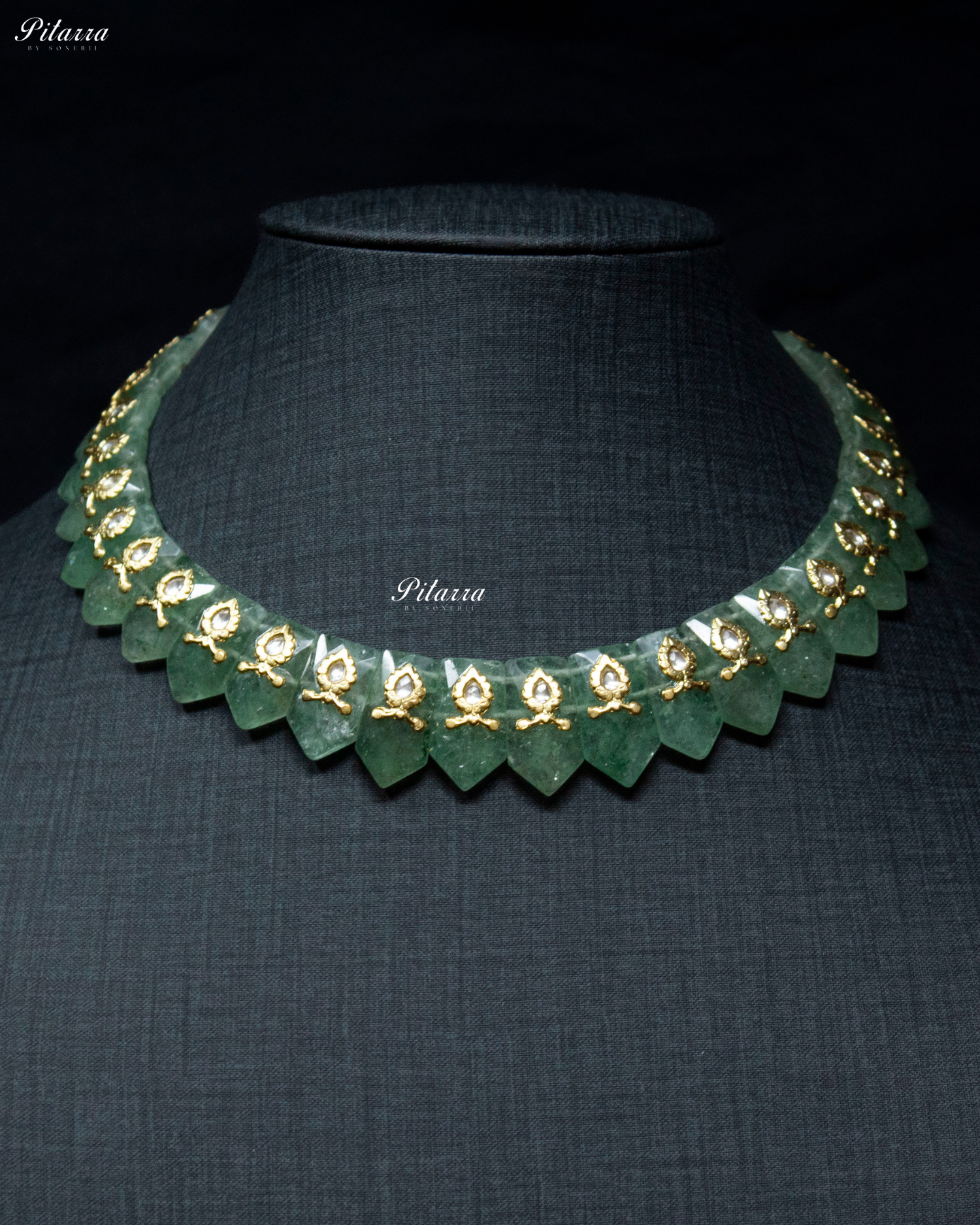 Green Stone Golden Work 92.5 Silver Necklace