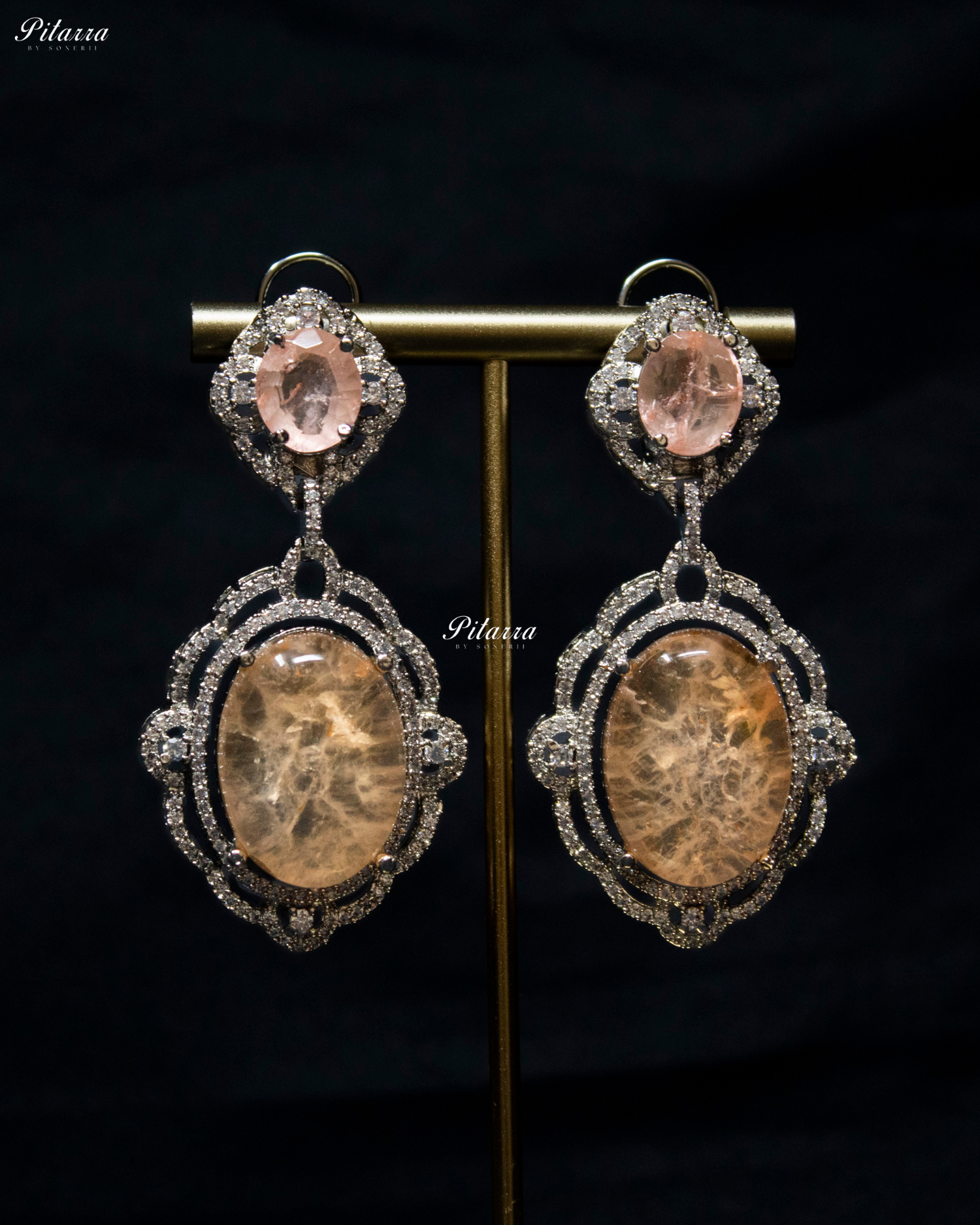 Peach Stone Silver Finish Tone Crystal Necklace Set