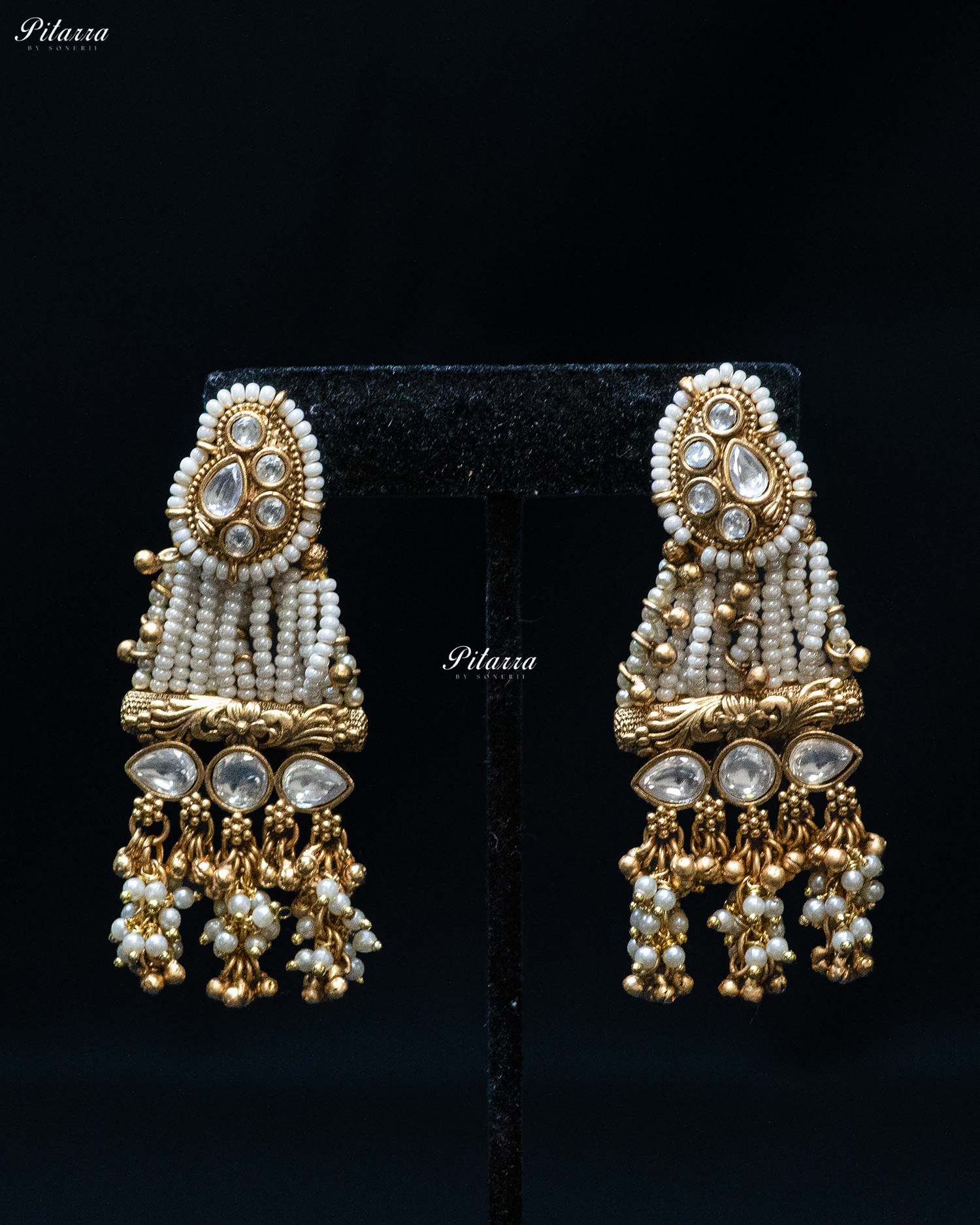 Golden White Stone Multi Strand Long Kundan Necklace Set