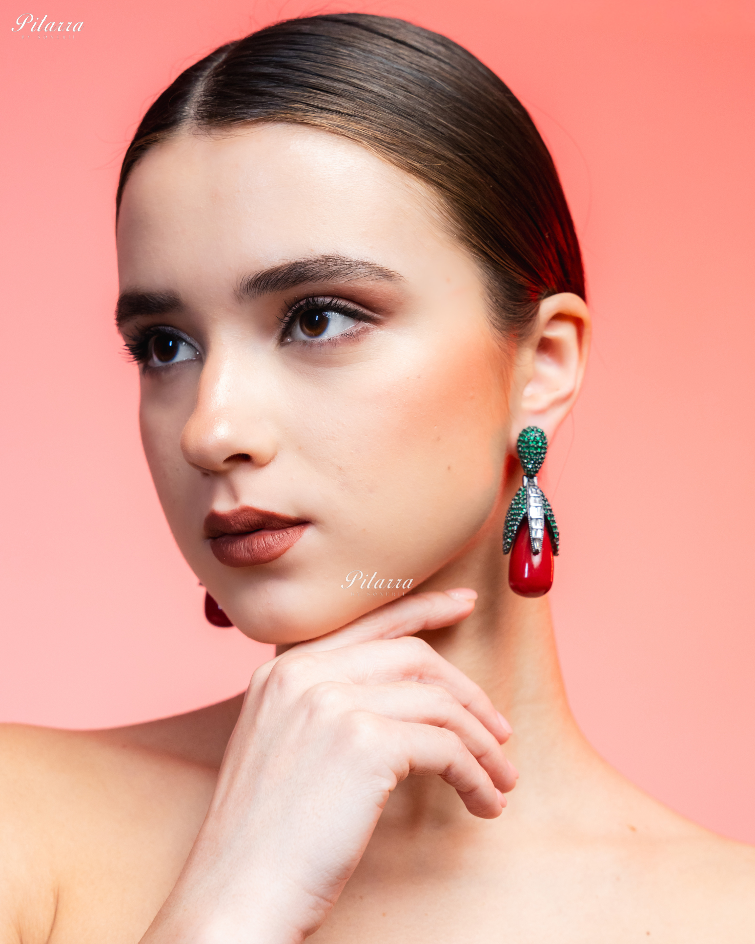 Emerald Leaf Red Teardrop CZ Crystal Earrings