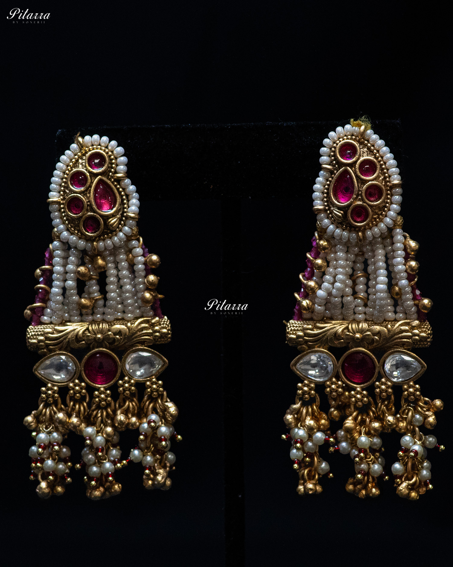 Golden Pink Stone Multi Strand Long Kundan Necklace Set