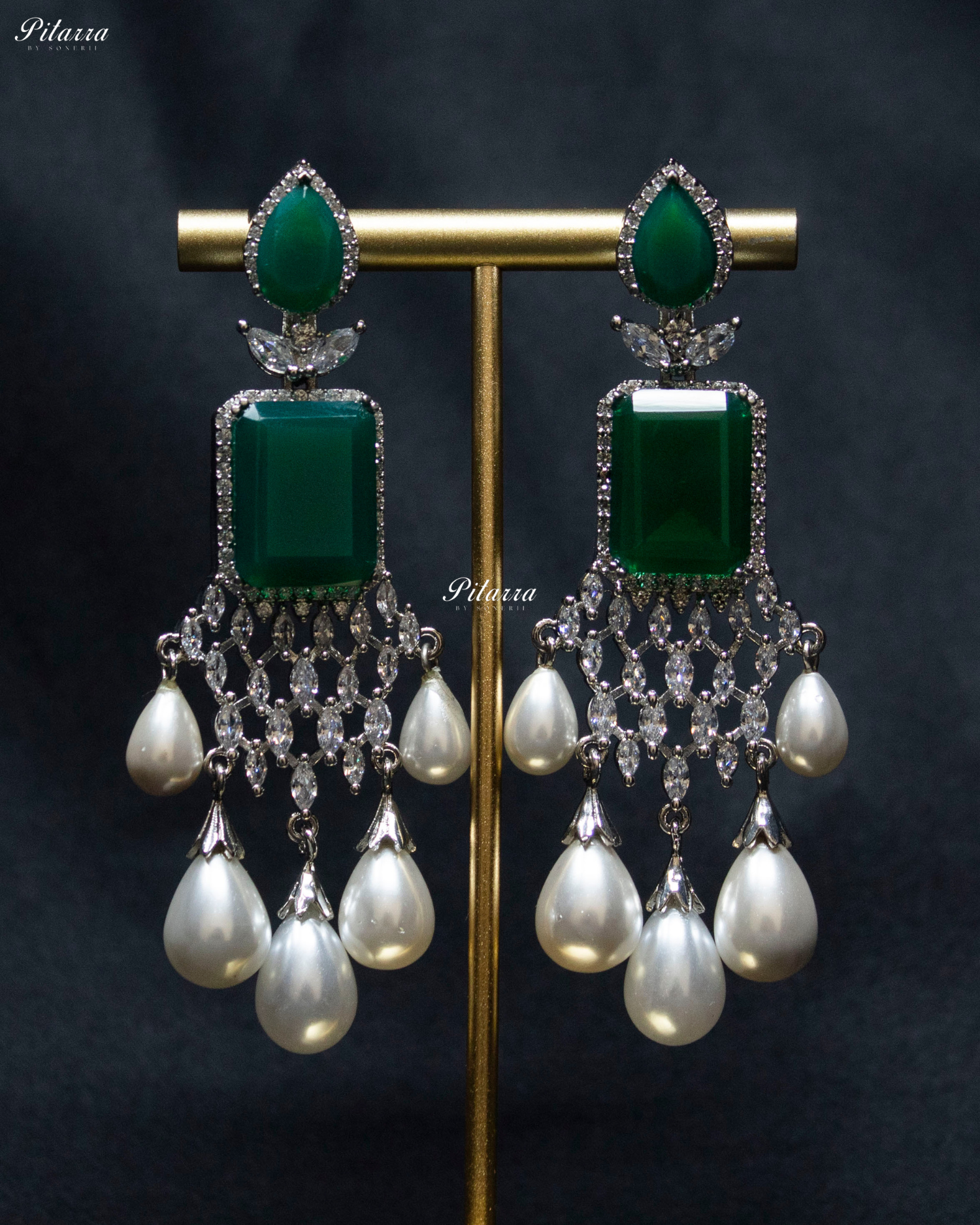Emerald Stone Multi Layered Pearl Long Necklace Set