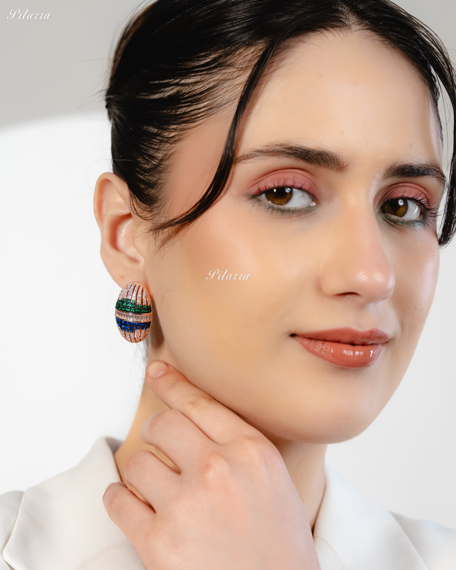 Oval Shaped Golden Pattern 92.5 Silver Stud Earrings
