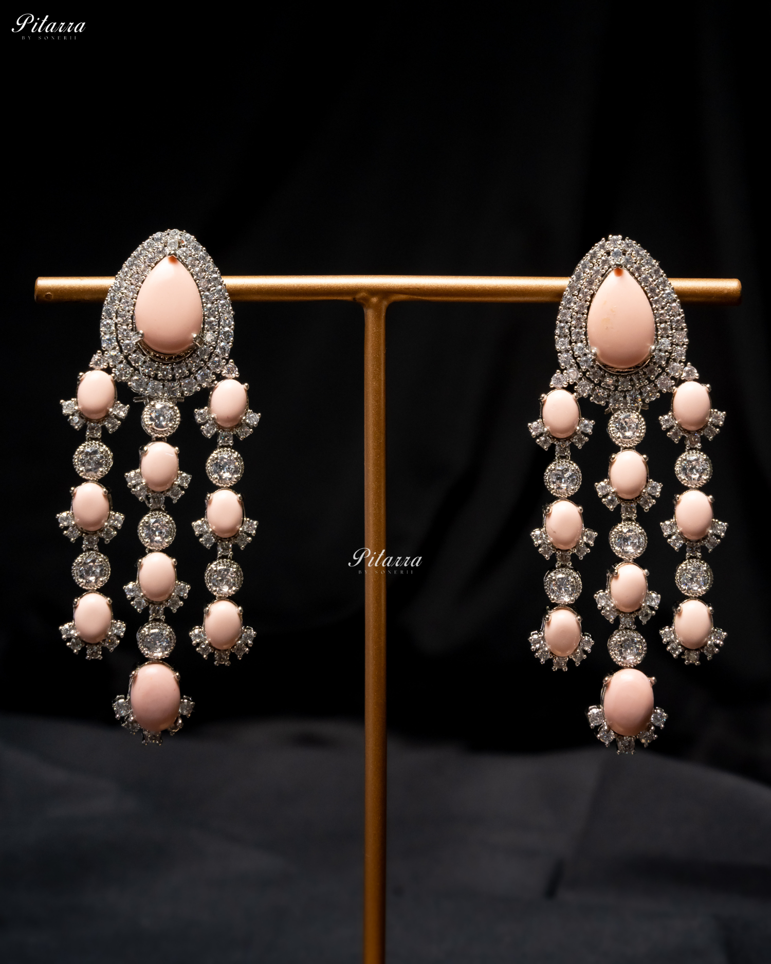 Peach Stone Silver Multi Layer CZ Necklace Set