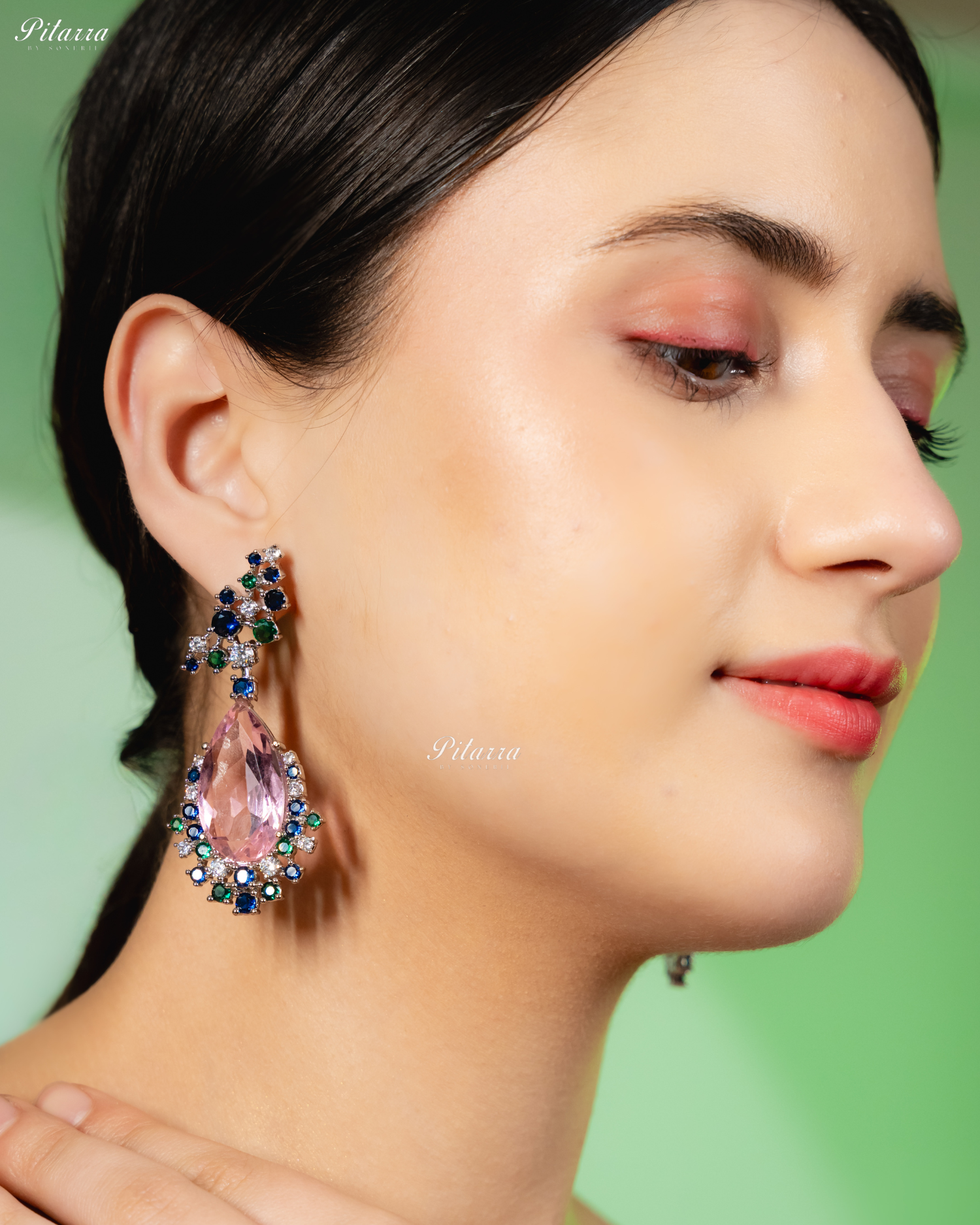 Pink Stone Sparkling Sliver Line Crystal Earrings