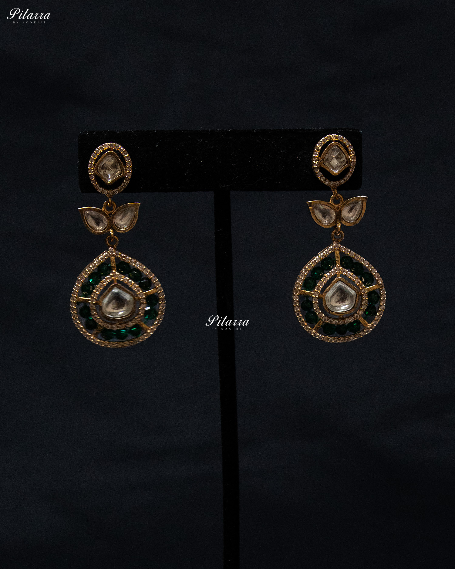 Emerald Crystals Teardrop Gold Plated Kundan Necklace Set
