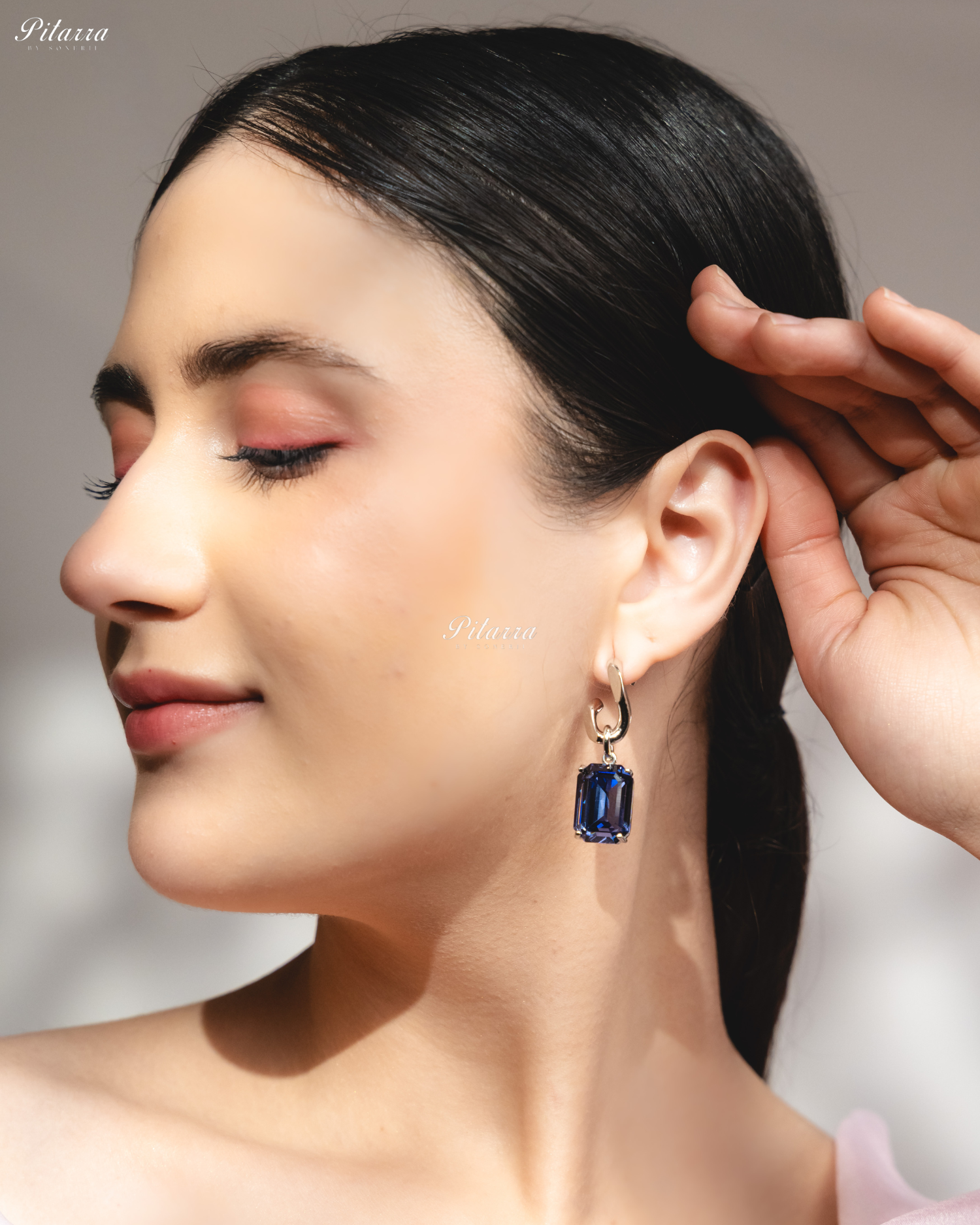 Blue Stone Rectangular Zircon Silver Crystal Earrings