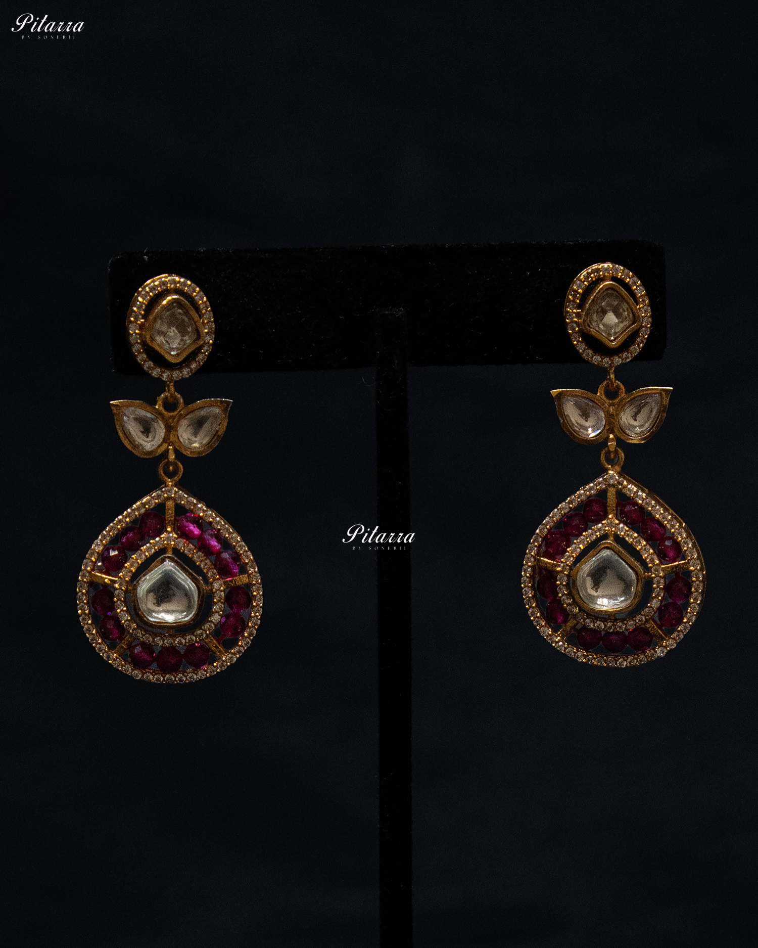 Pink Crystals Teardrop Gold Plated Kundan Necklace Set