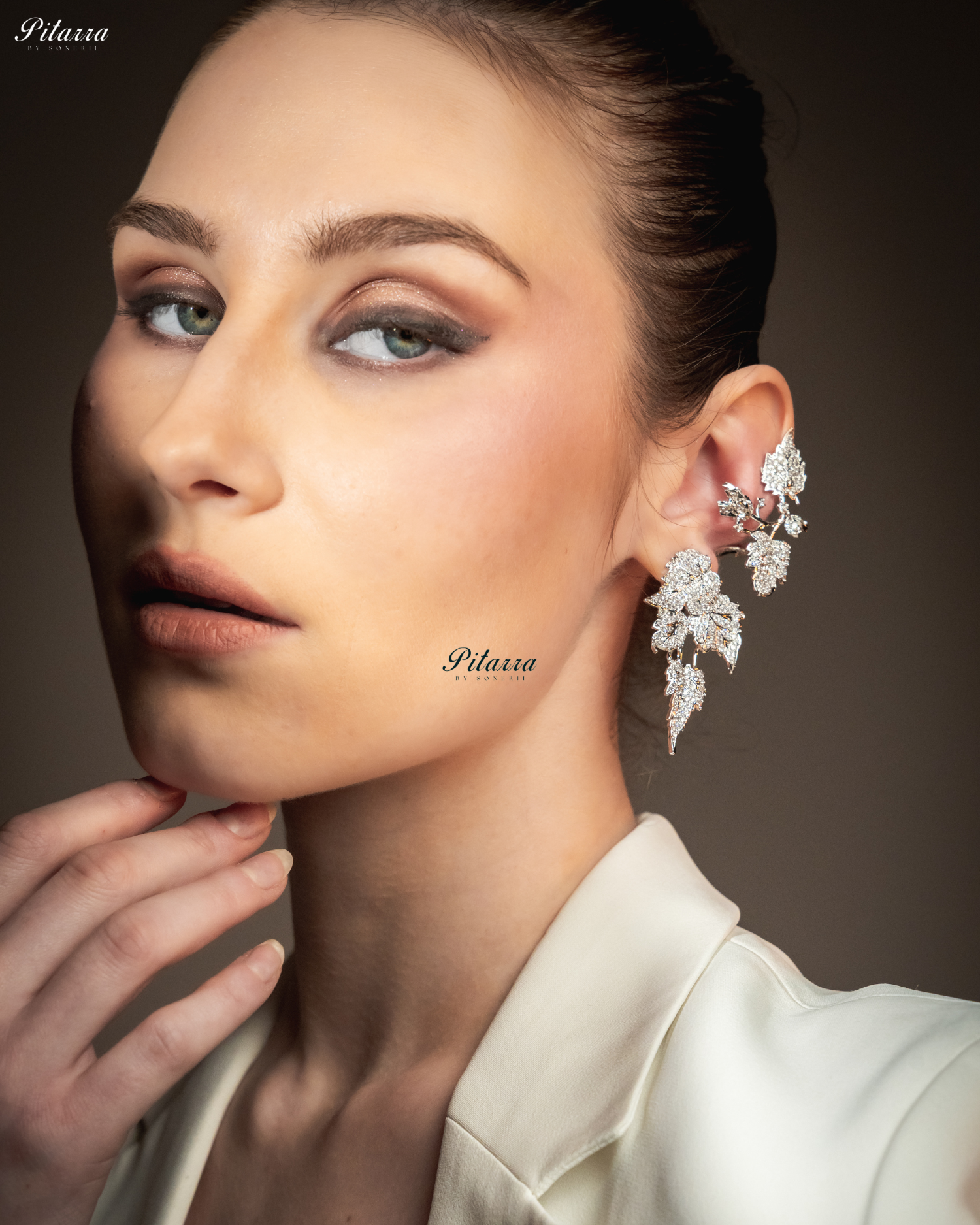 Silver Unique Leaf Shaped Crystal Earrings