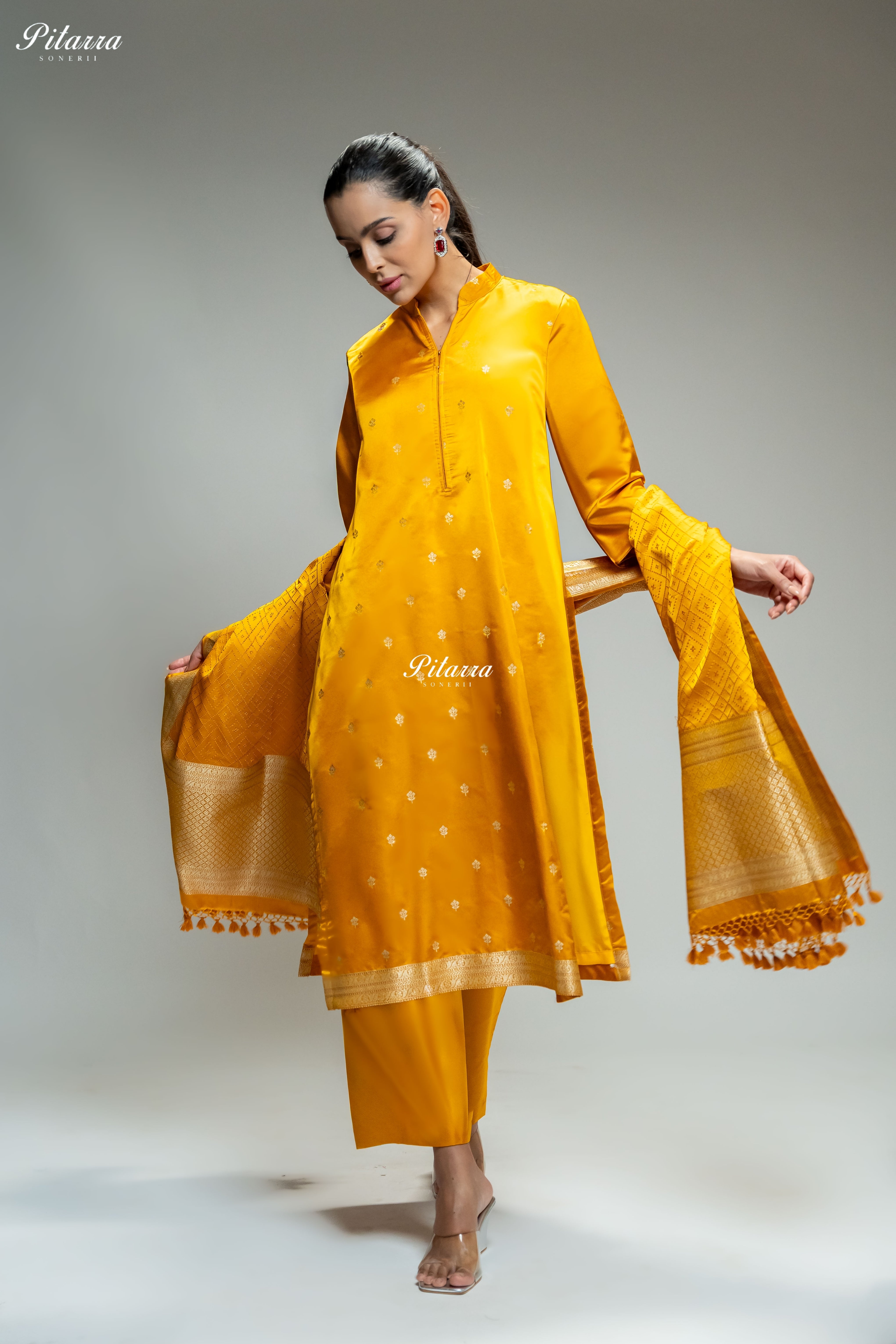 Mustard Yellow Gold Zari Embroidered Kurta Set with Dupatta