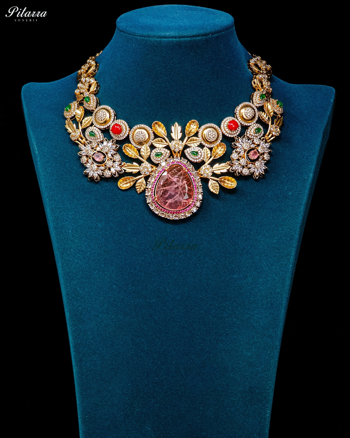Pink Teardrop Floral Kundan Necklace Set