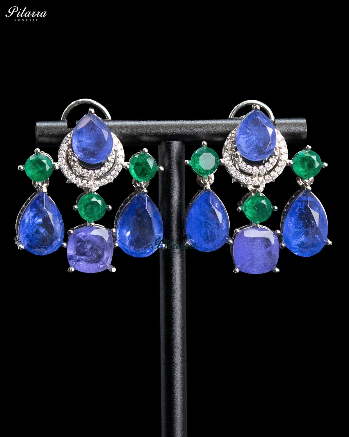 Royal Blue Green Crystal Silver Tone Designer Chandbali Drop Earrings