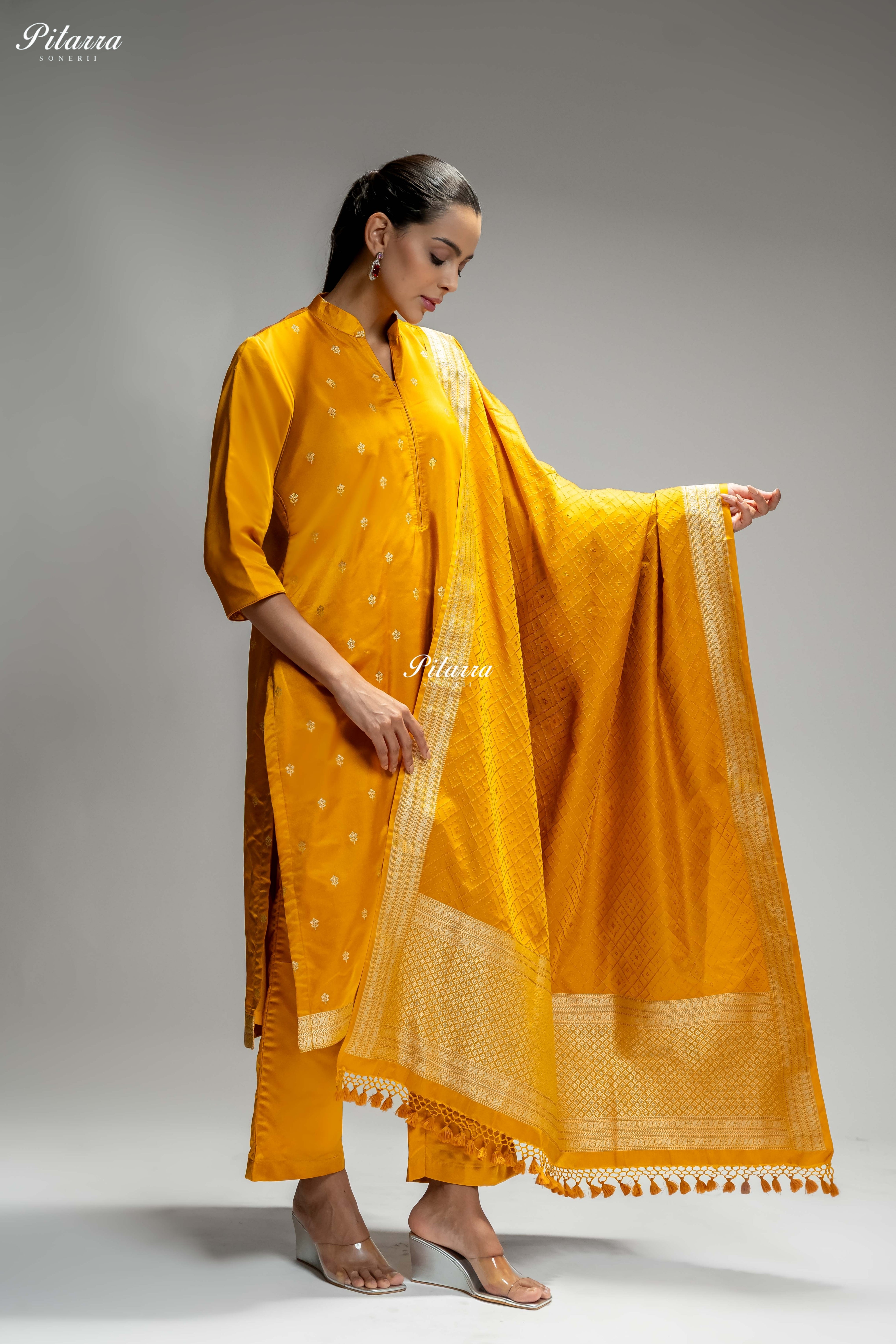 Mustard Yellow Gold Zari Embroidered Kurta Set with Dupatta
