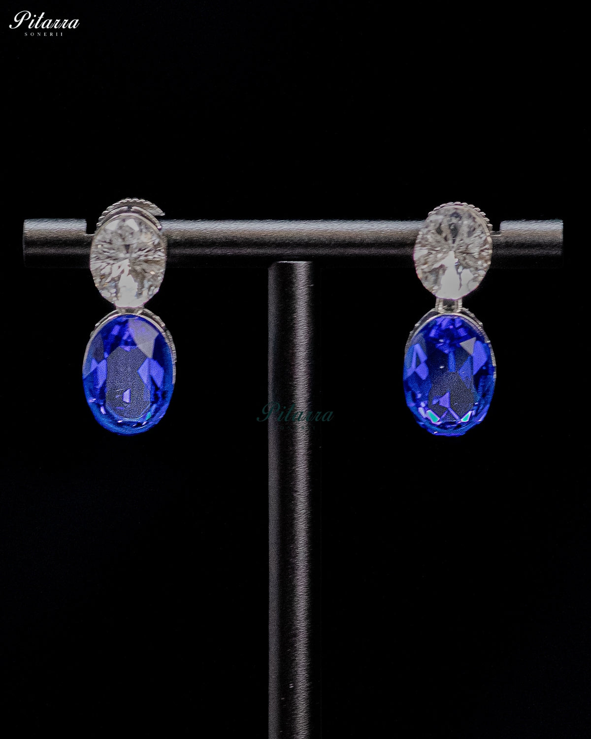 Blue and White Crystal Oval Drop Earrings
