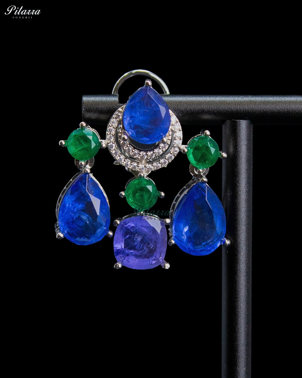 Royal Blue Green Crystal Silver Tone Designer Chandbali Drop Earrings