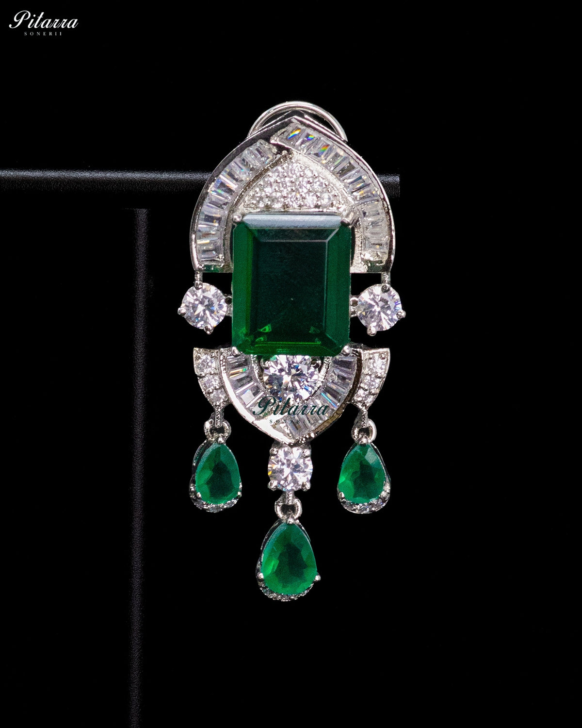 Emerald Green Emerald Cut Stone Zircon Silver Crystal Drop Necklace Set