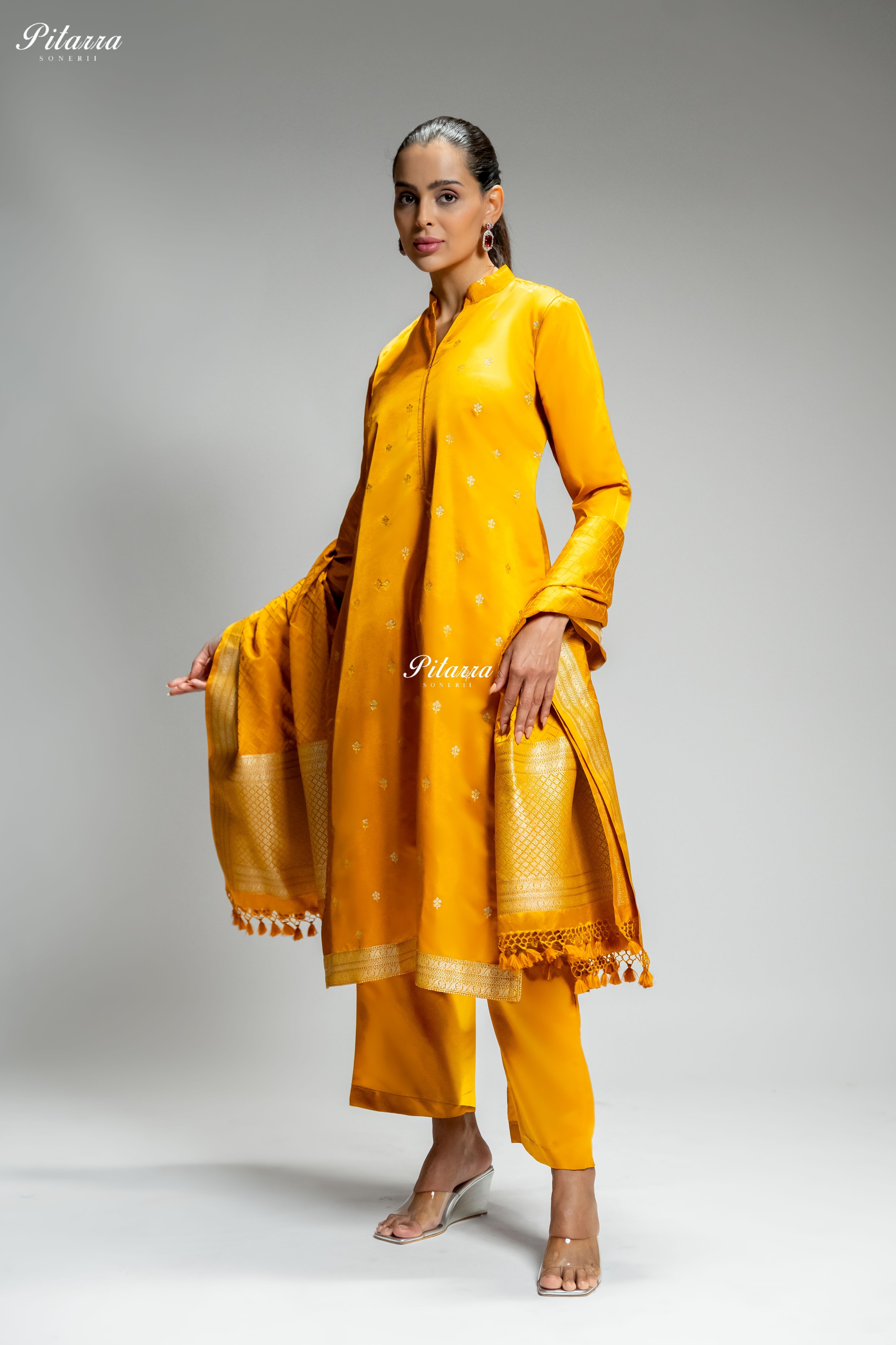 Mustard Yellow Gold Zari Embroidered Kurta Set with Dupatta