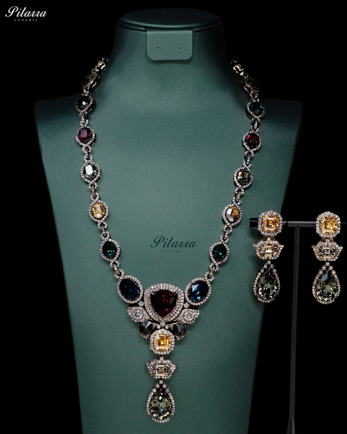 Multicolor Finish Ruby Red Crystal Long Necklace Set