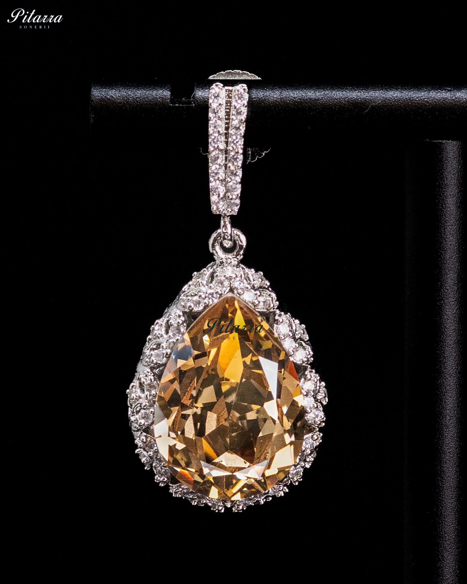 Golden Amber Pear-Cut Crystal Halo Drop Earrings