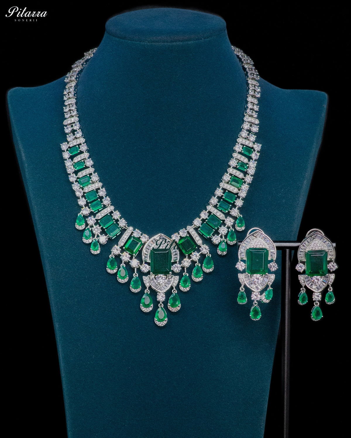 Emerald Green Emerald Cut Stone Zircon Silver Crystal Drop Necklace Set