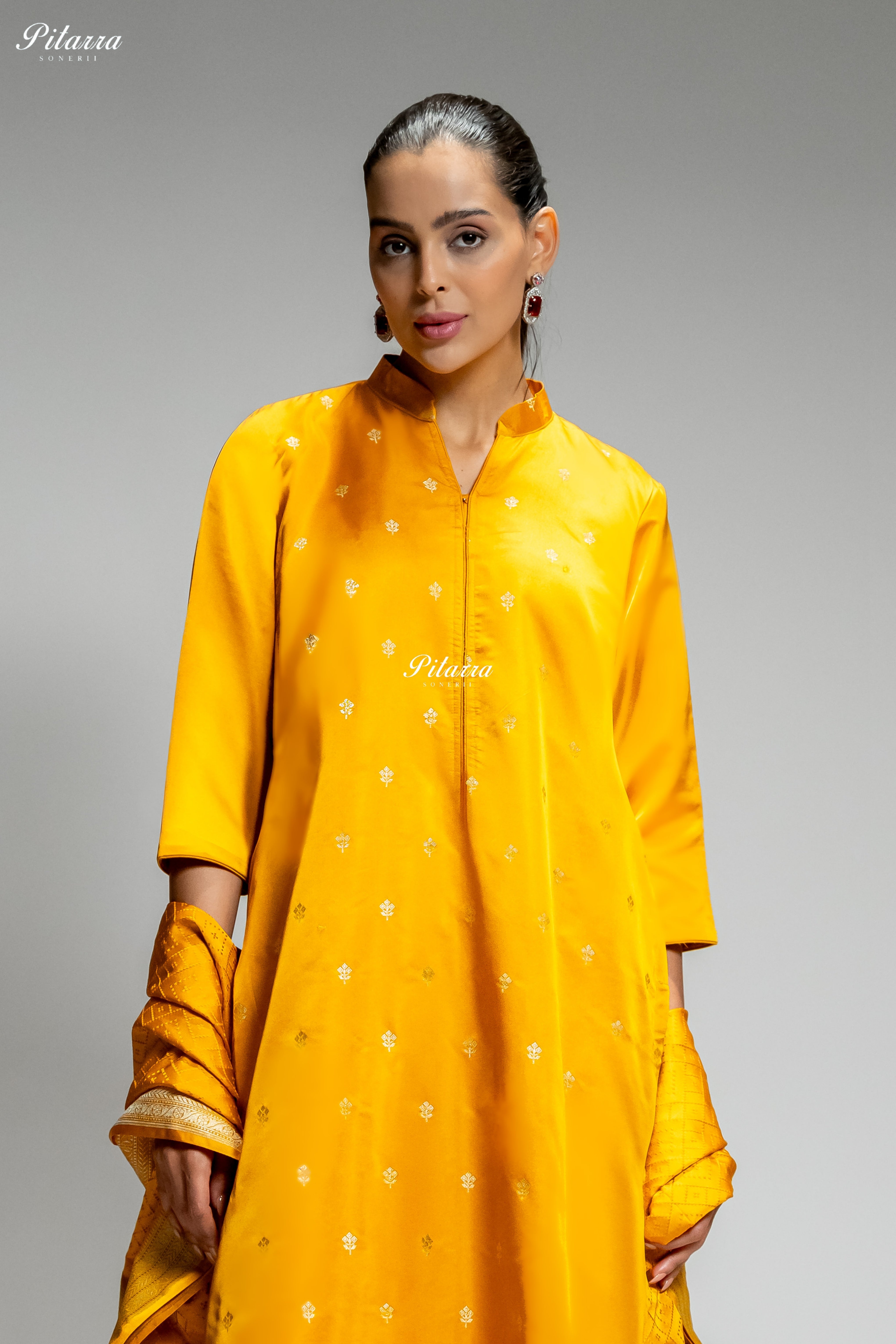 Mustard Yellow Gold Zari Embroidered Kurta Set with Dupatta