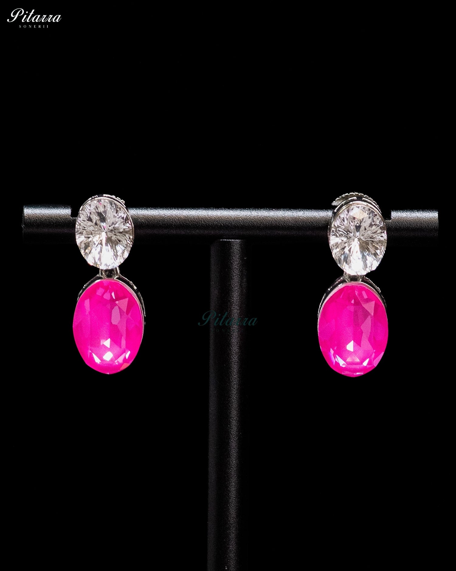 Pink and White Crystal Oval Drop Earrings