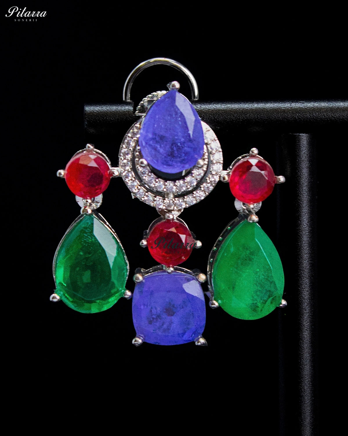 Purple Green Red Crystal Silver Tone Designer Dangler Earrings