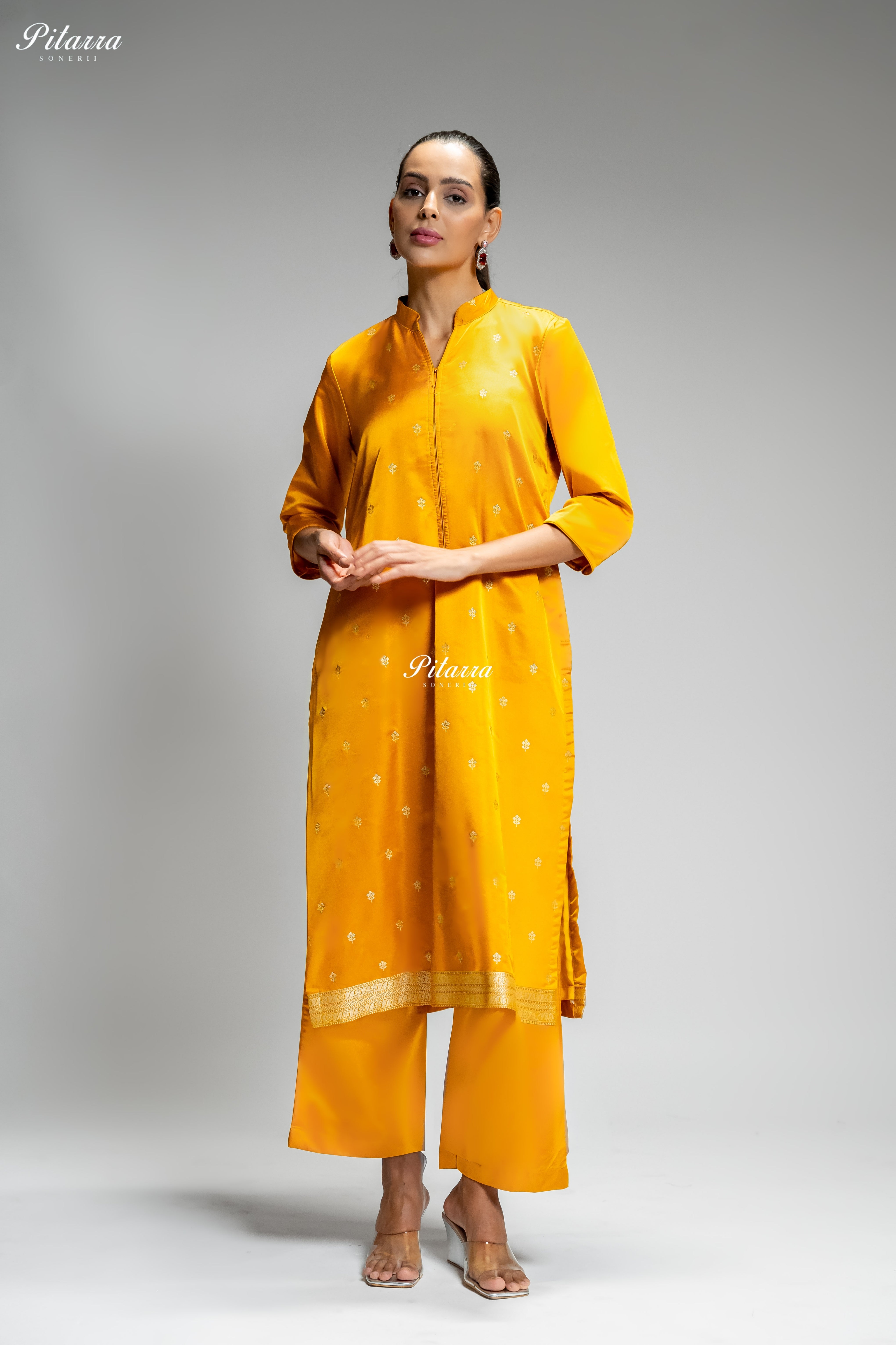 Mustard Yellow Gold Zari Embroidered Kurta Set with Dupatta
