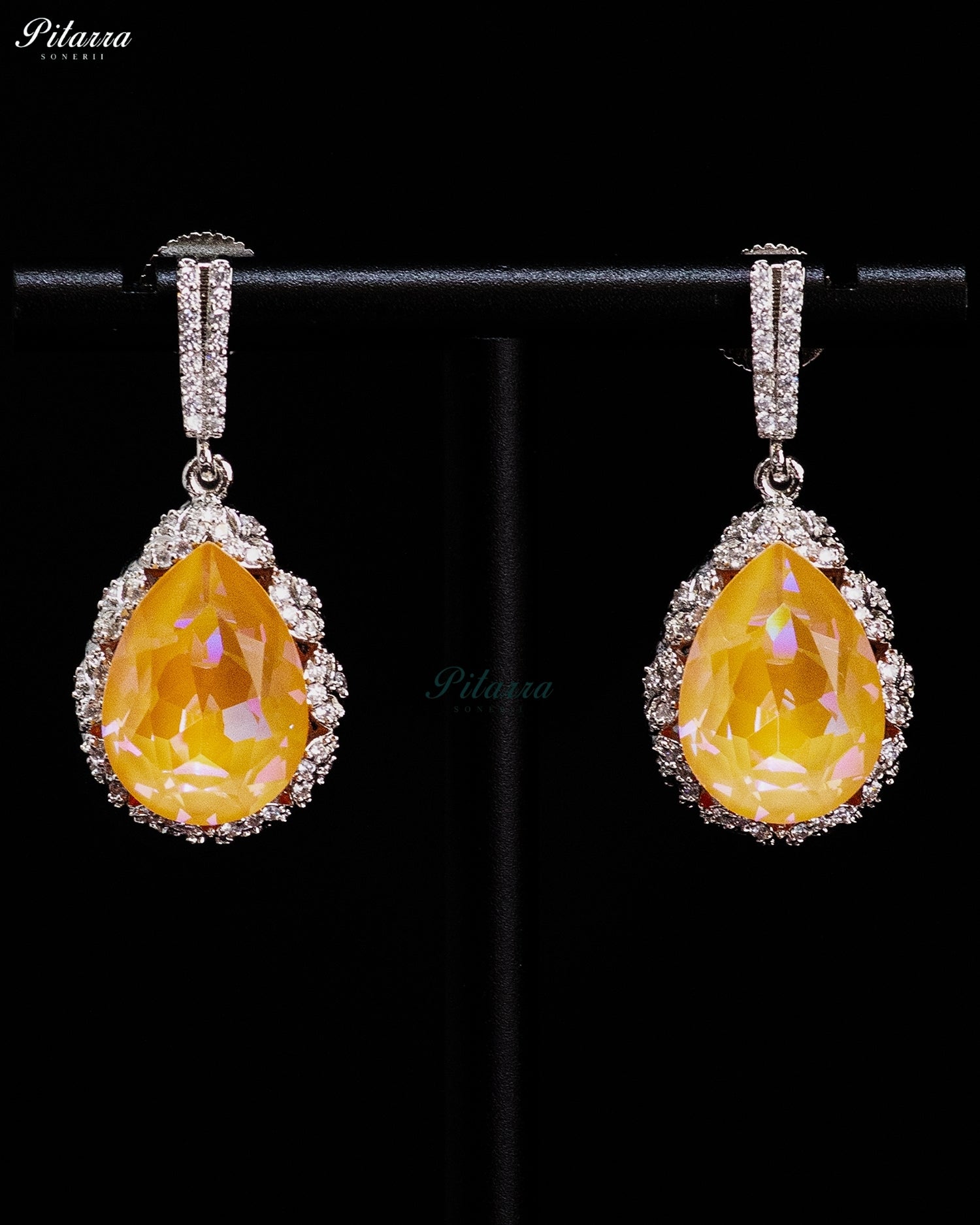 Golden Yellow Pear-Cut Crystal Halo Drop Earrings