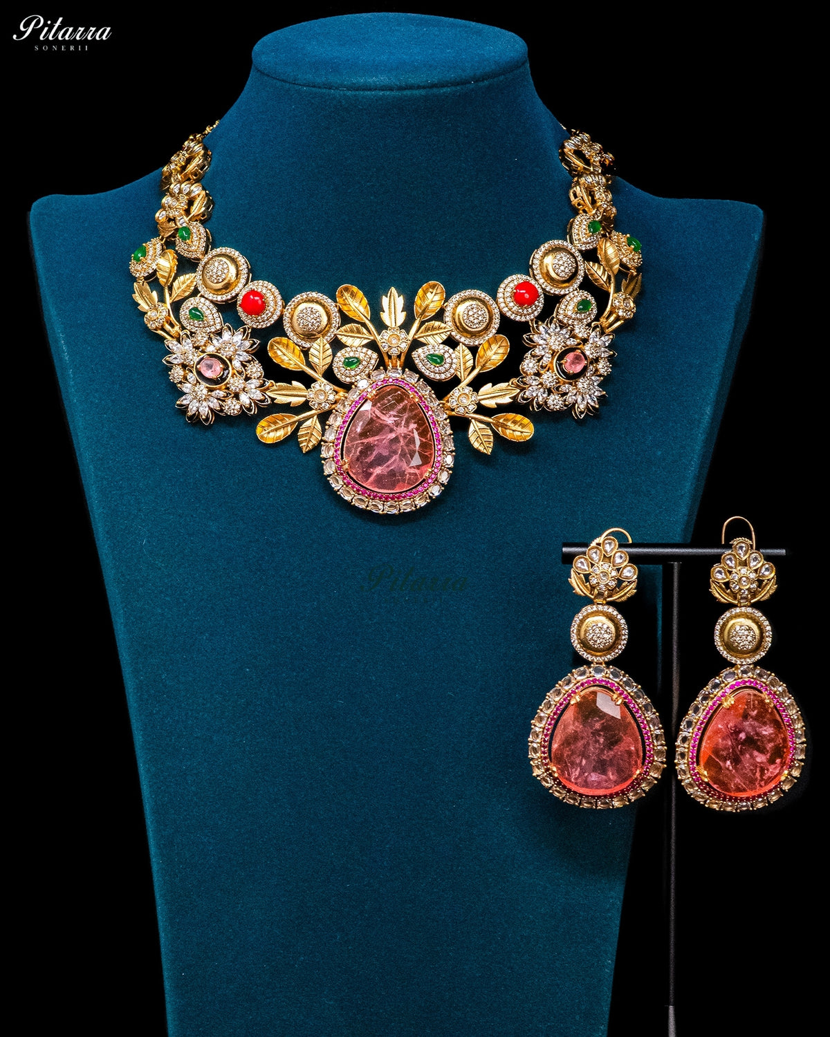 Pink Teardrop Floral Kundan Necklace Set