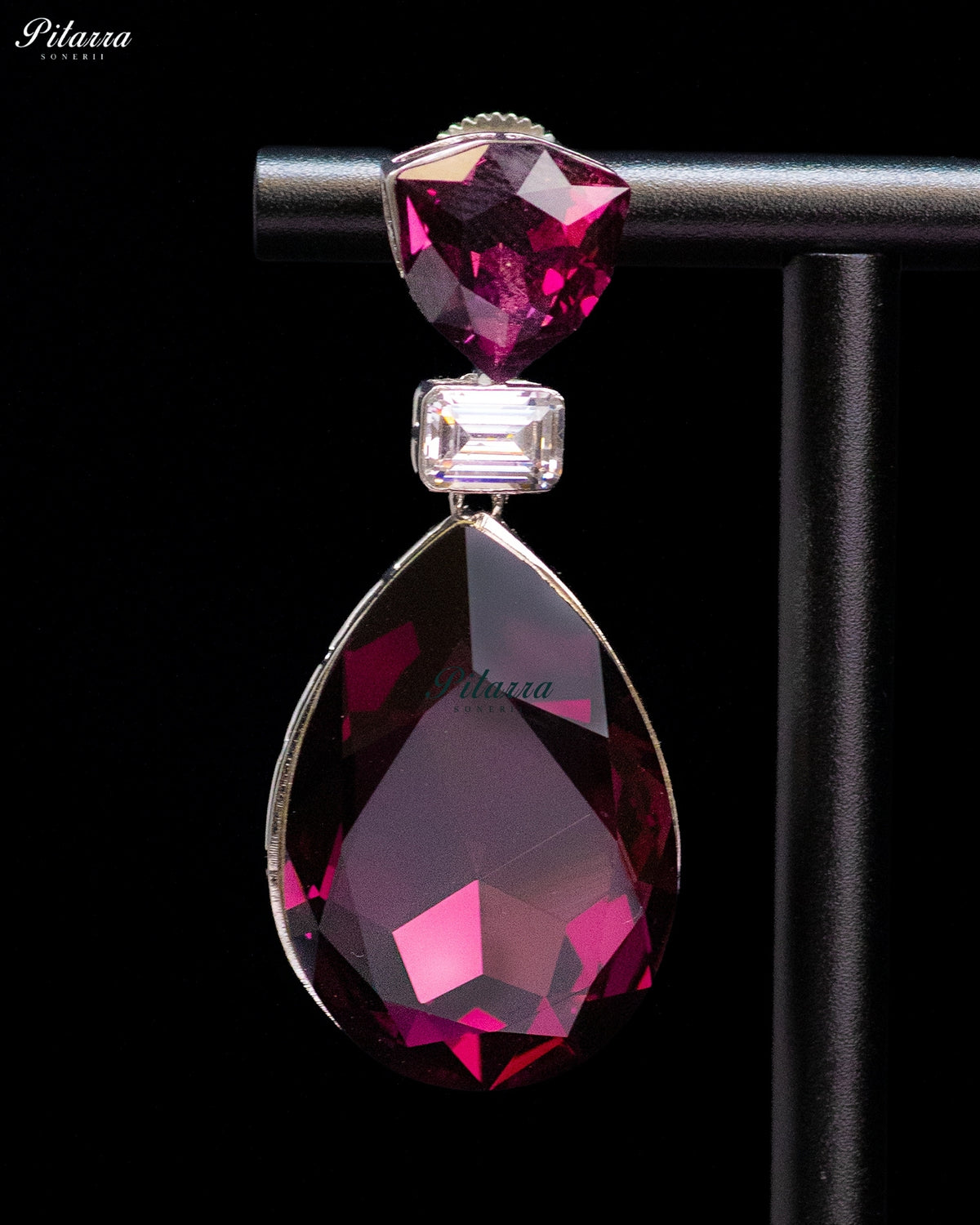 Magenta Crystal Heart and Pear Drop Earrings