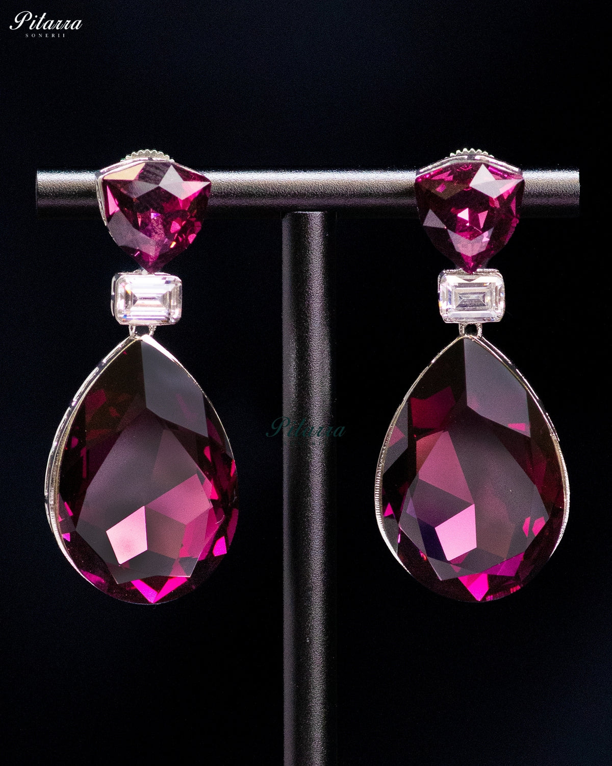 Magenta Crystal Heart and Pear Drop Earrings