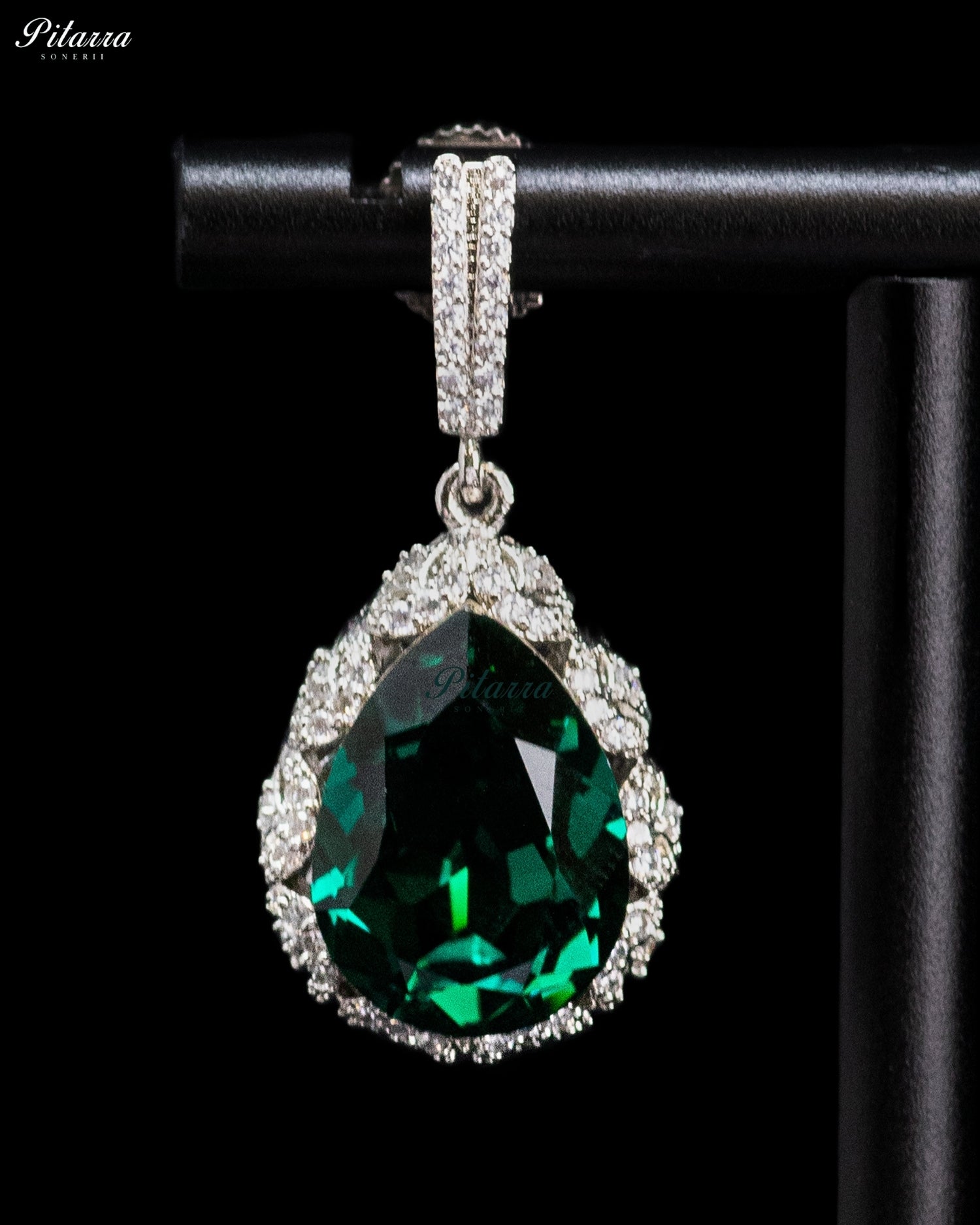 Deep Emerald Green Pear-Cut Crystal Halo Drop Earrings