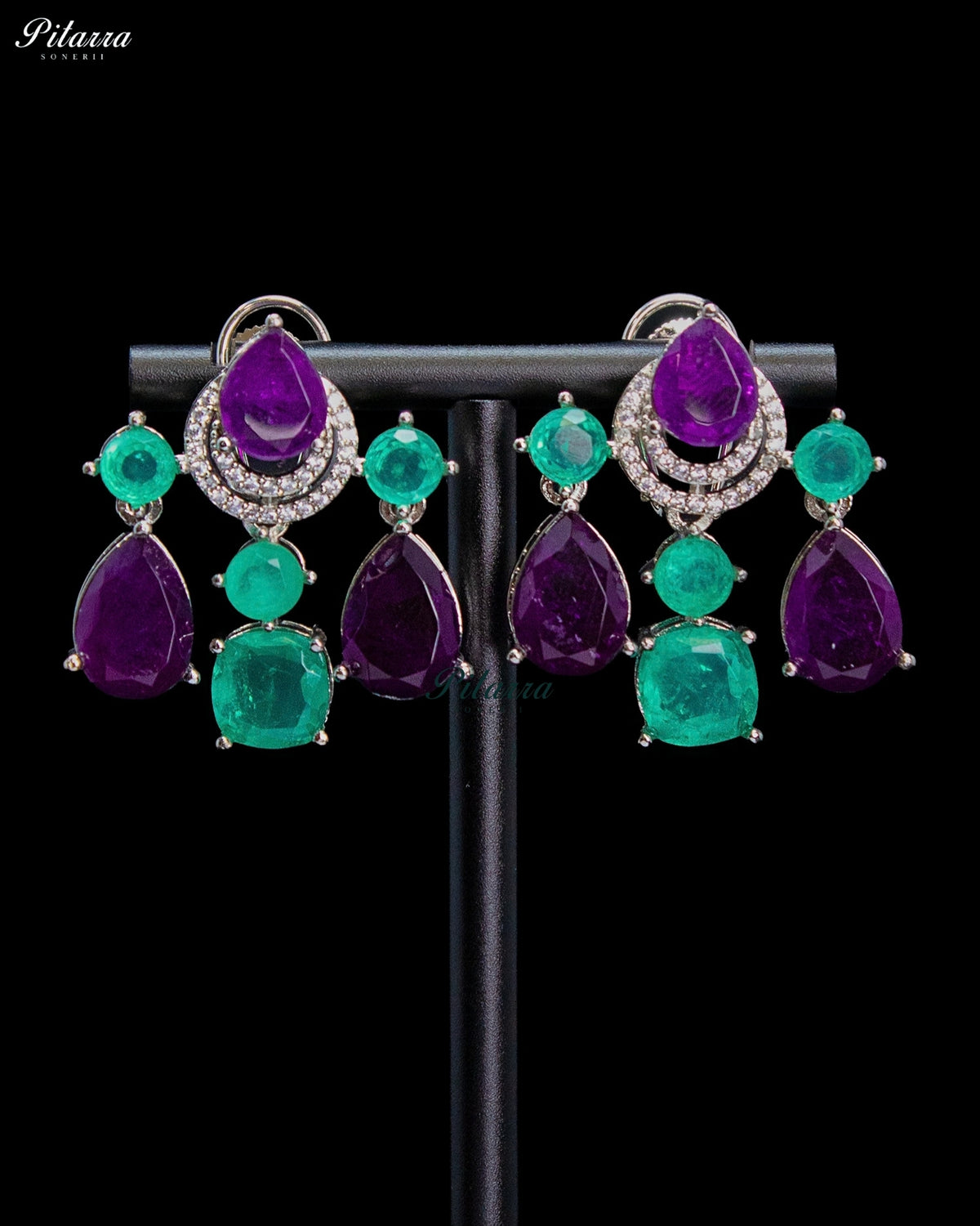 Purple and Aqua Green Multicolor Crystal Dangler Earrings