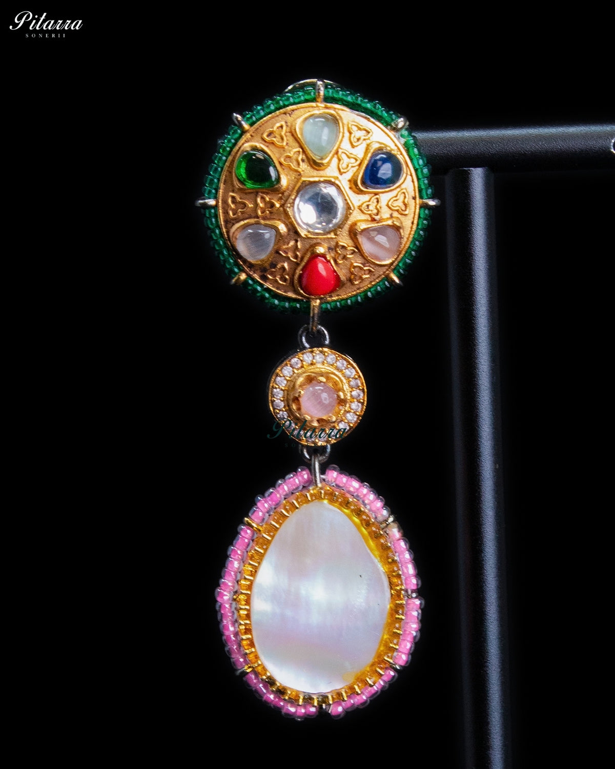 Royal Navratna Inspired Multicolor Kundan Gold Tone Dangler Earrings - Pink