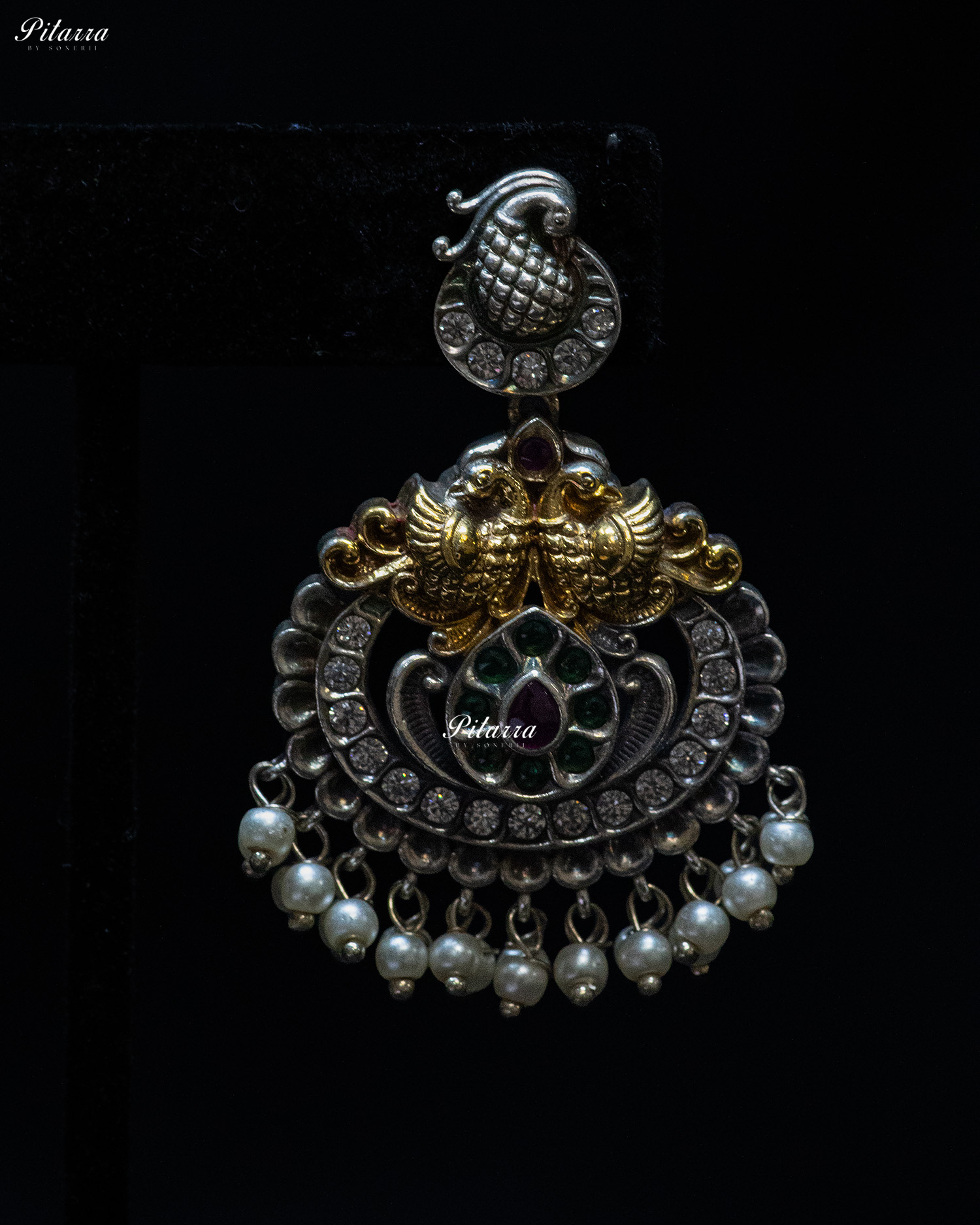Peacock Carved Pink Stone White Layer Stone Silver Look Alike Pendant Set