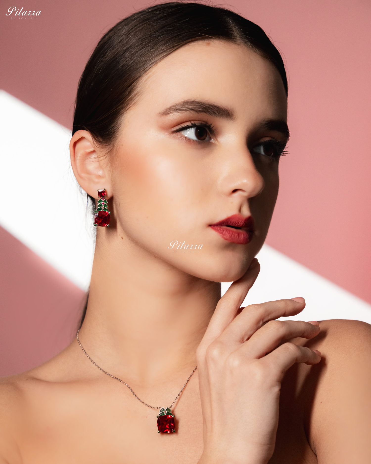 Ruby Red 92.5 Silver Plated Chain Pendent Necklace Set