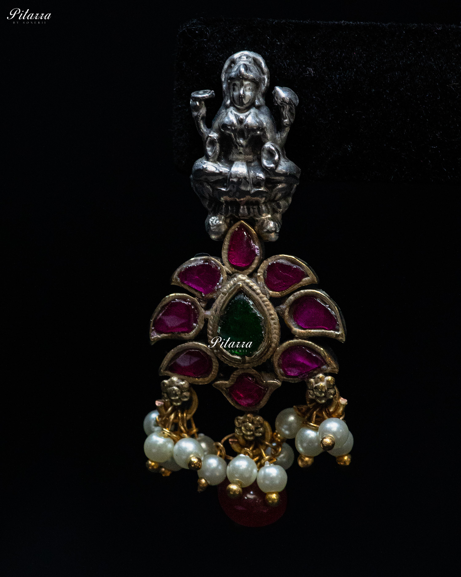 Layer Chain Green Stone Laxmi Silver Look Alike Pendant Set