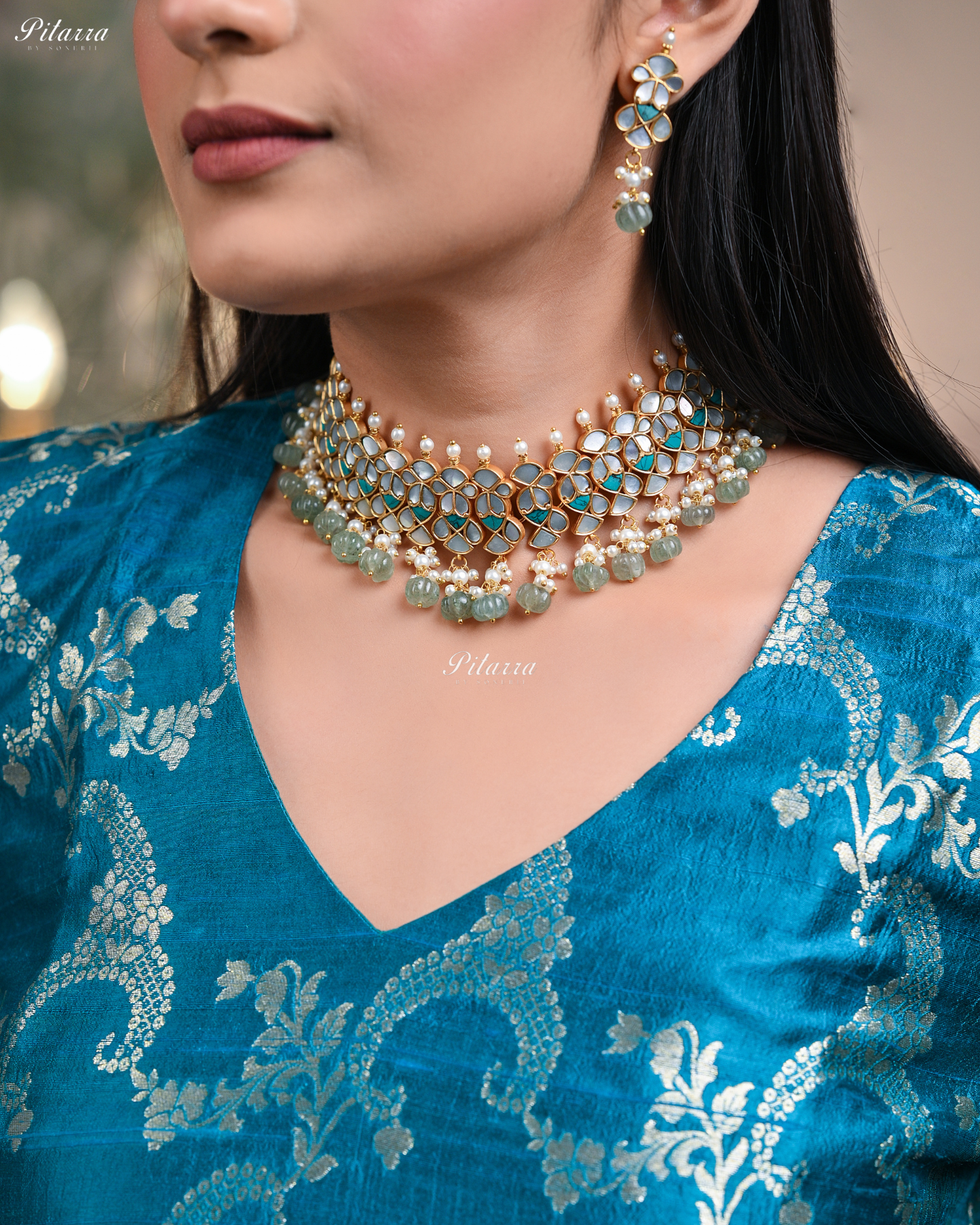 Green Beads Turquoise Blue Line Traditional Kundan Choker Set