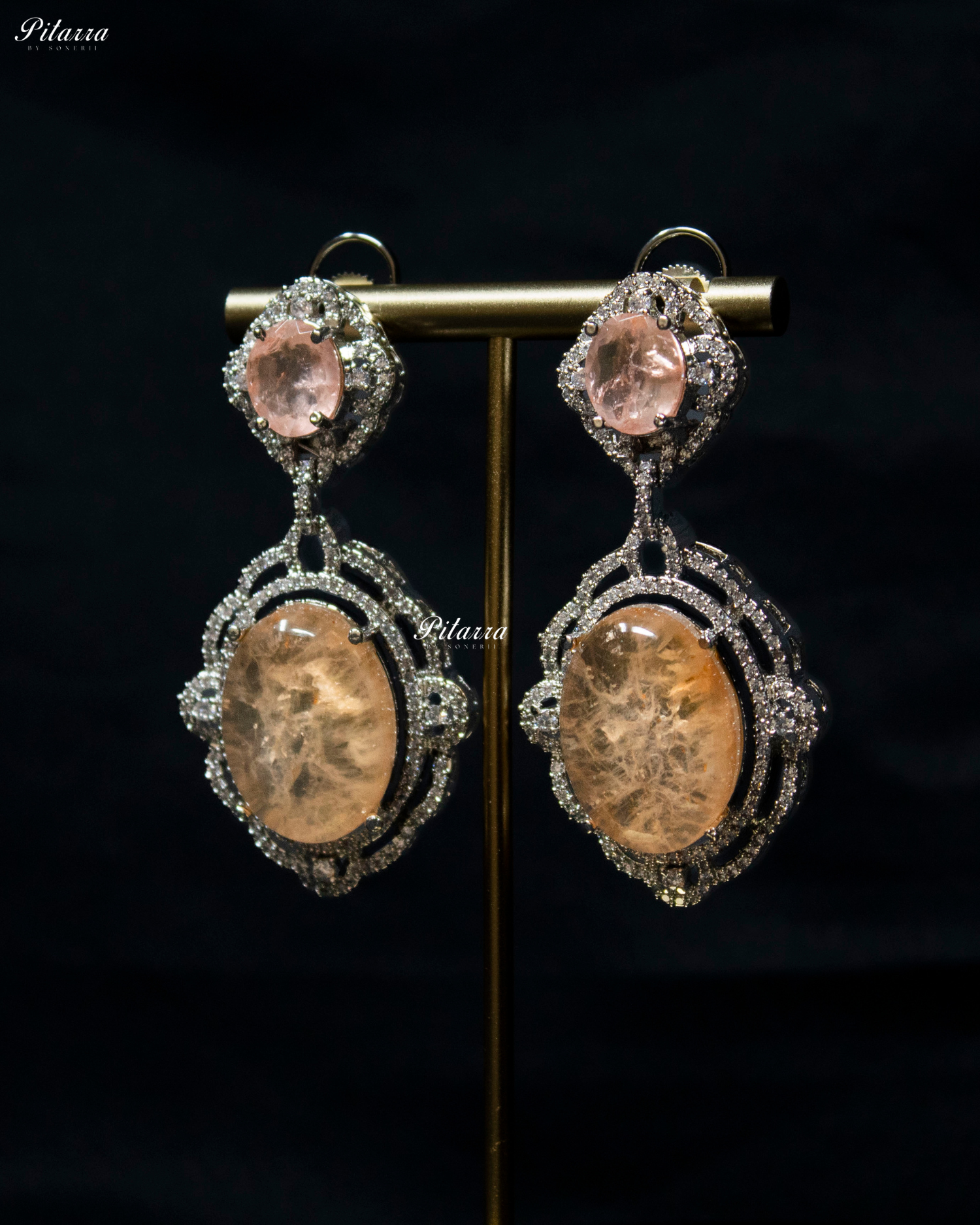 Peach Stone Silver Finish Tone Crystal Necklace Set