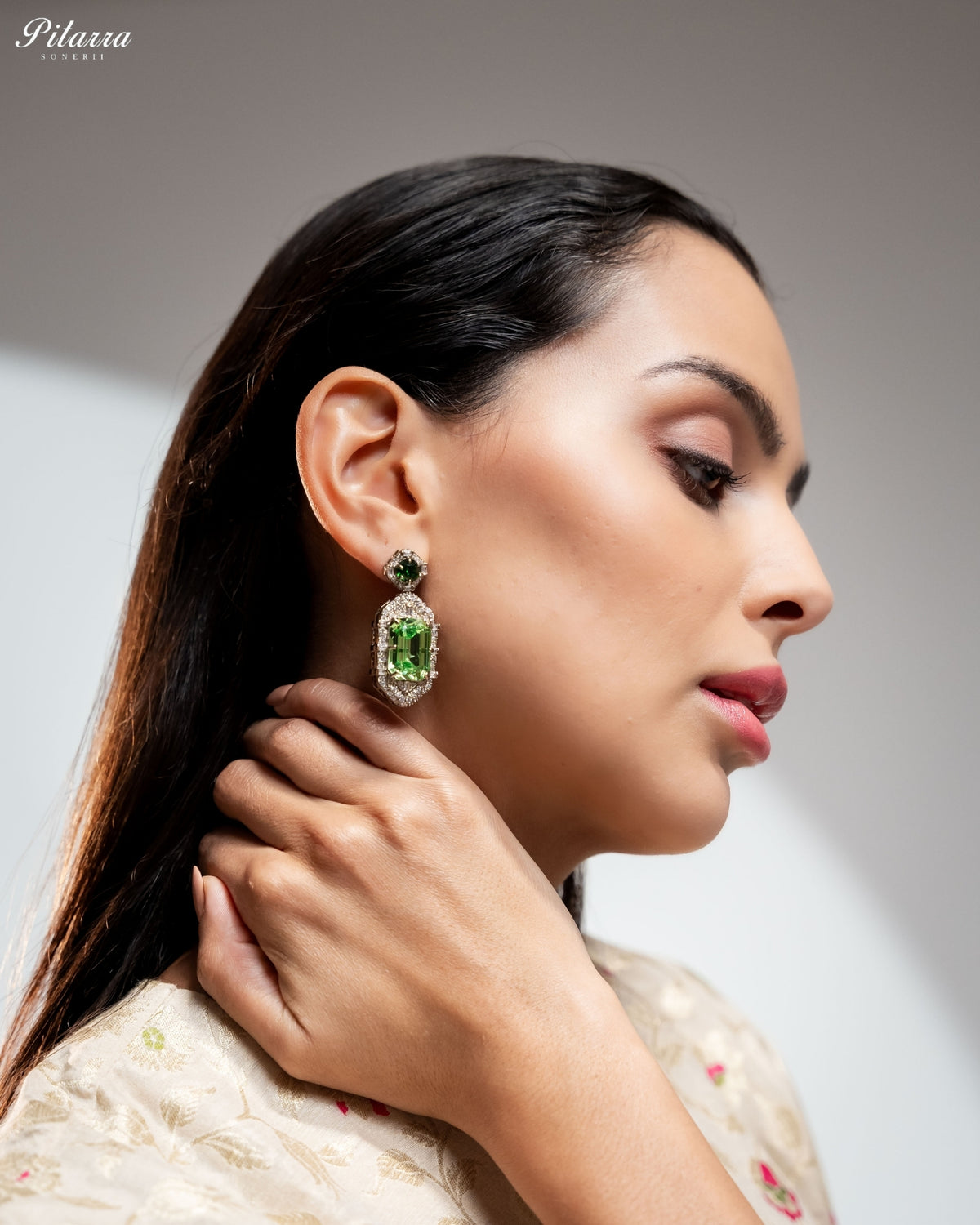 Green Tourmaline Emerald Cut Diamond Halo Drop Earrings