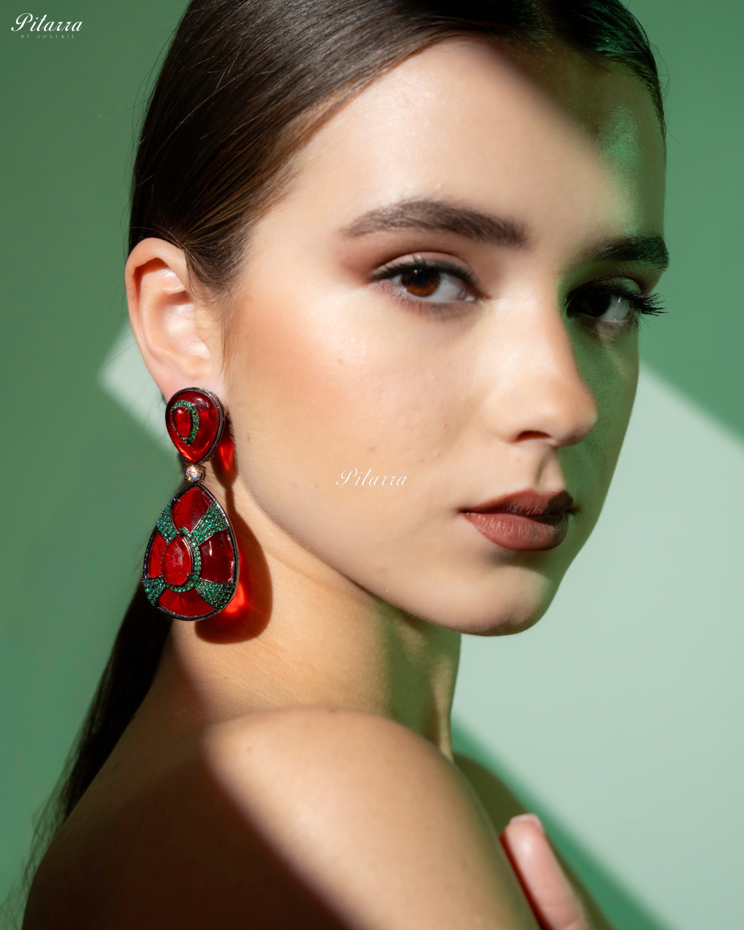 Red Stone Red Drop Emerald Line Crystal Dangler Earrings