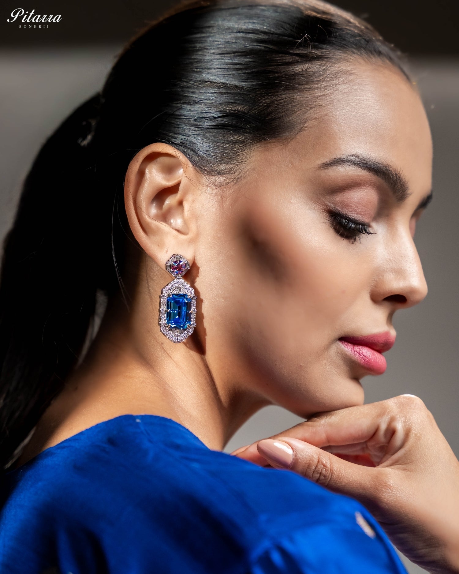 Blue Emerald Cut Diamond Halo Statement Drop Earrings