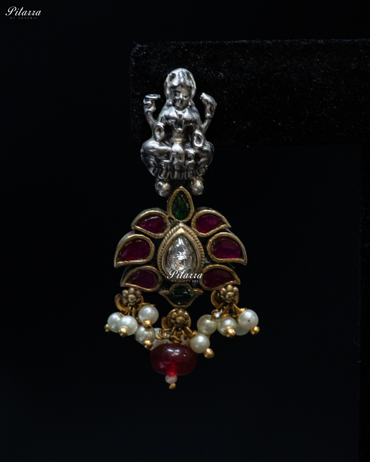 Beads Chain White Stone Laxmi Silver Look Alike Pendant Set